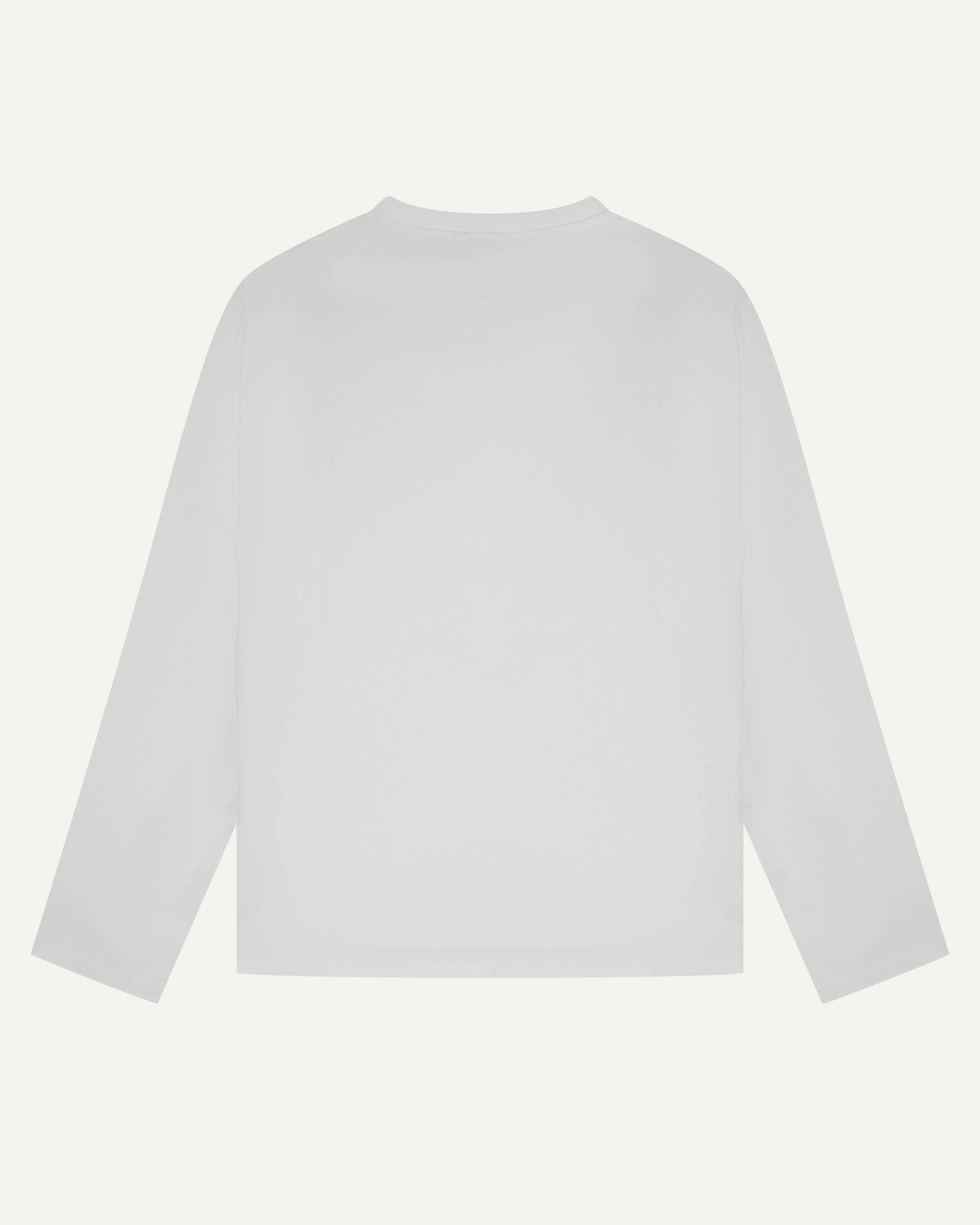 Back view of white organic cotton uskees long sleeved Tee for men.