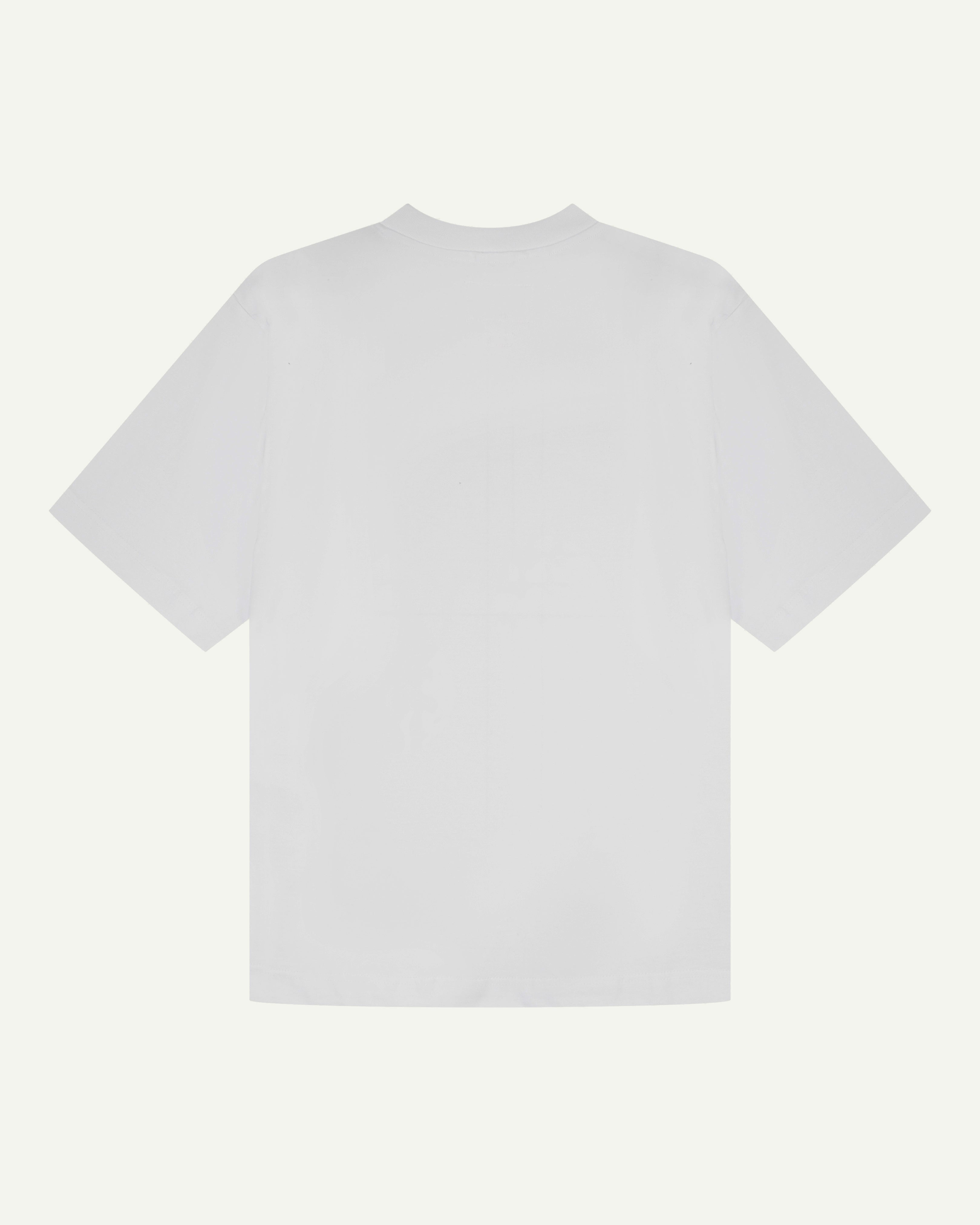 Back view of men's white oversized organic cotton T-shirt by Uskees