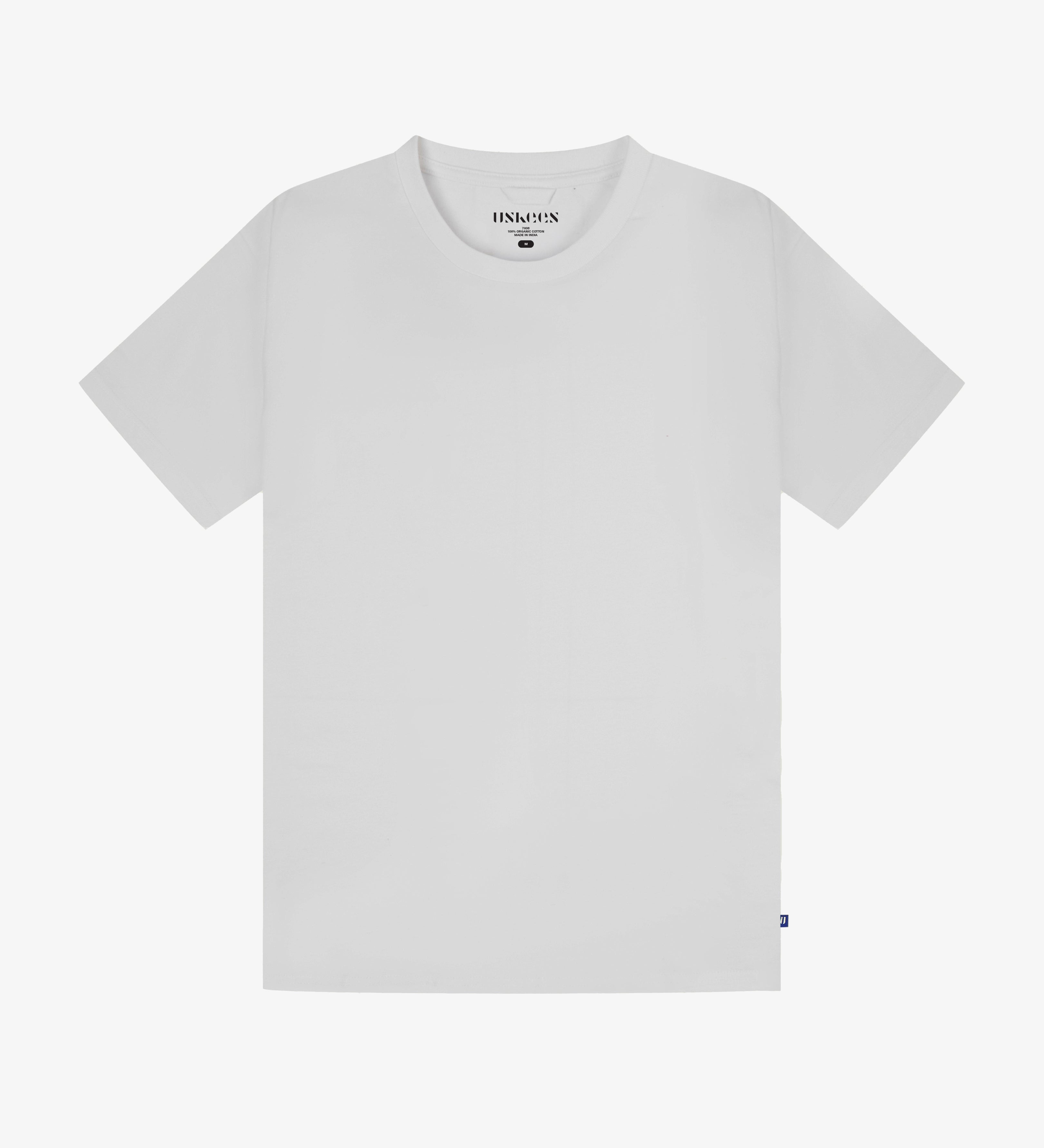 Full flat view of white organic cotton Uskees T-shirt for men.