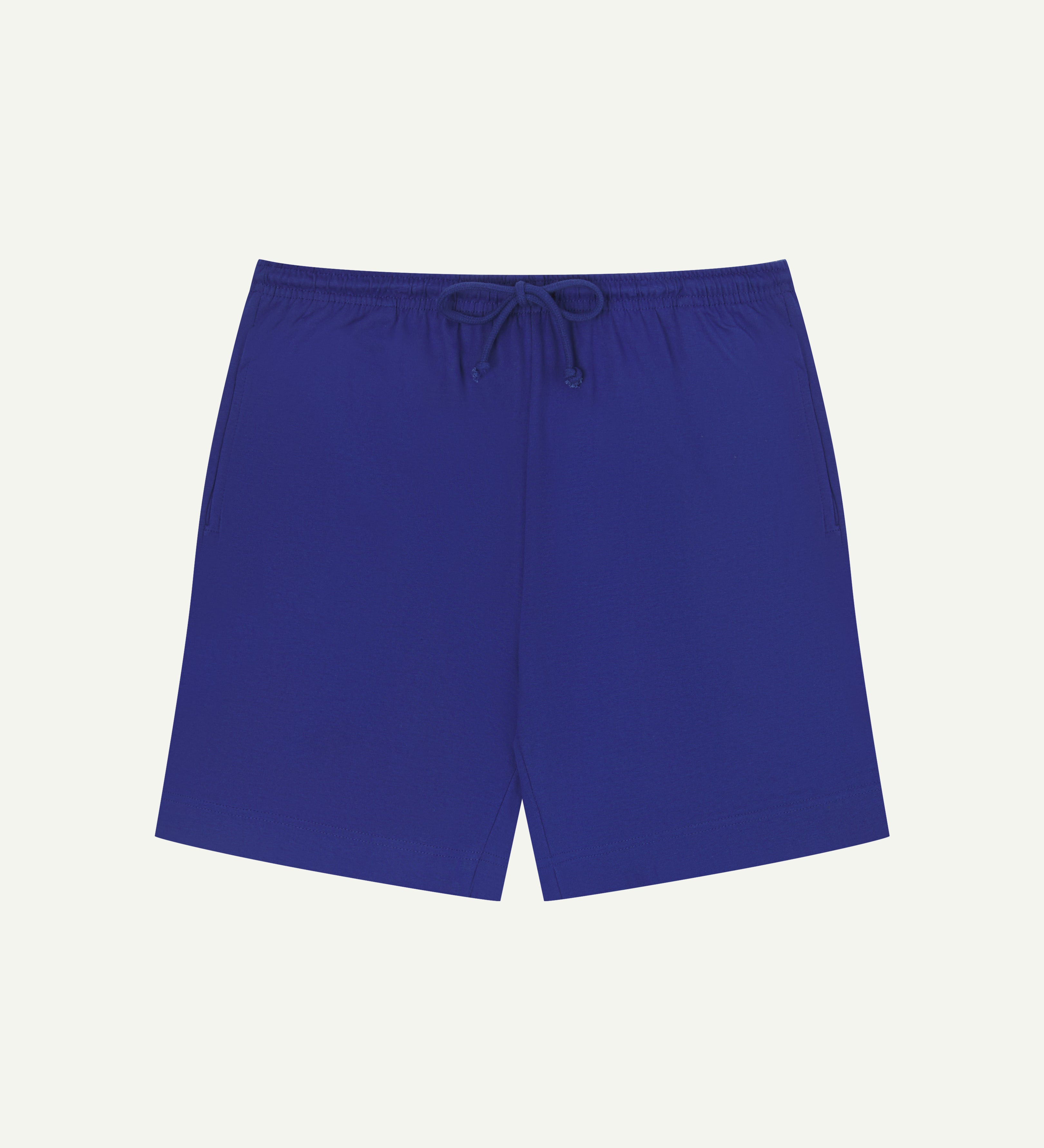 Front view of bright blue organic cotton #7007 men's shorts by Uskees against white background. Clear view of drawstring waist.