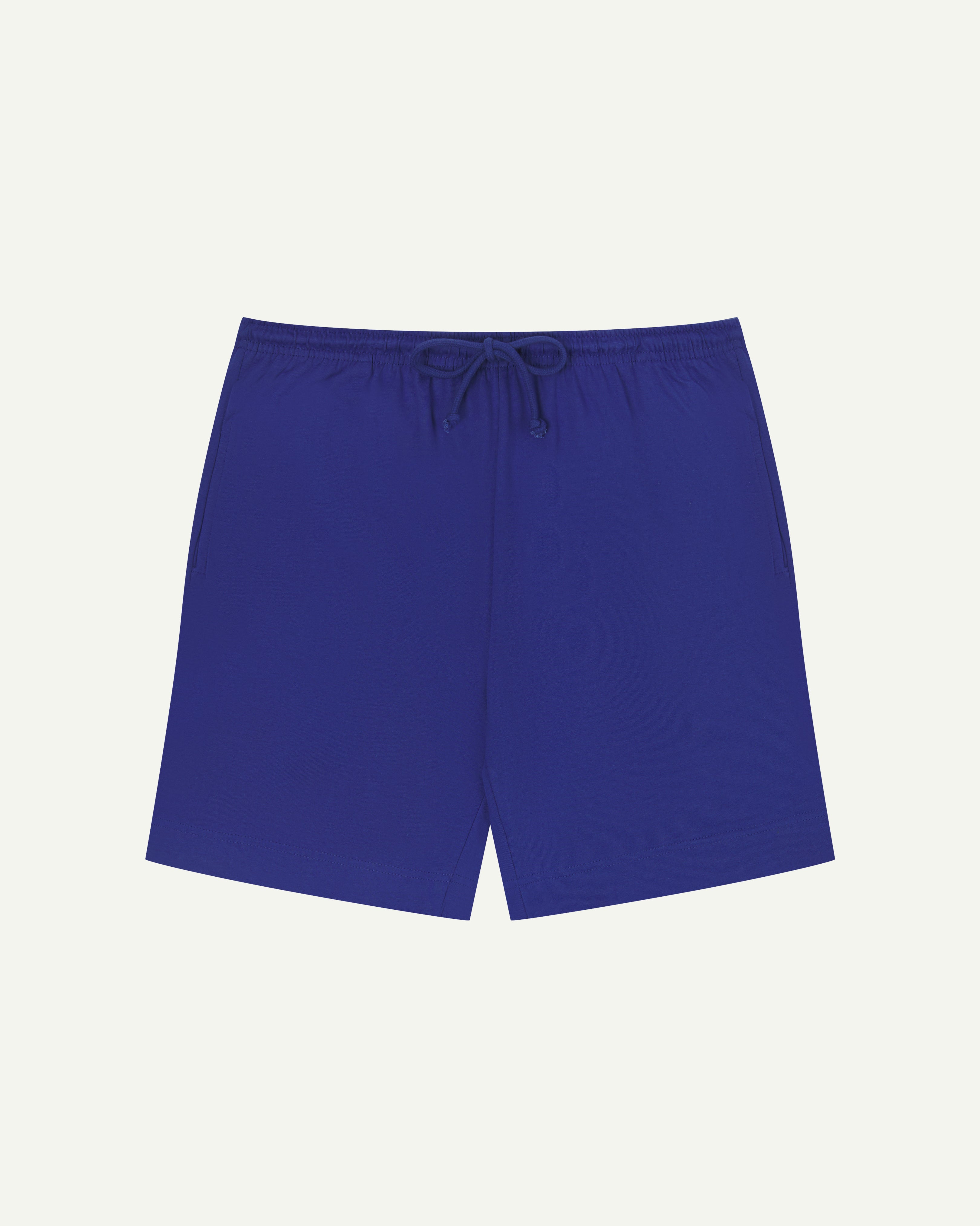 Front view of bright blue organic cotton #7007 men's shorts by Uskees against white background. Clear view of drawstring waist.