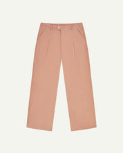 Front flat shot of #5018 Uskees men's organic corduroy boat trousers in dusty pink showing wide leg style