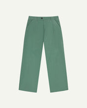Front flat shot of #5018 Uskees men's organic corduroy boat trousers in light green showing wide leg style
