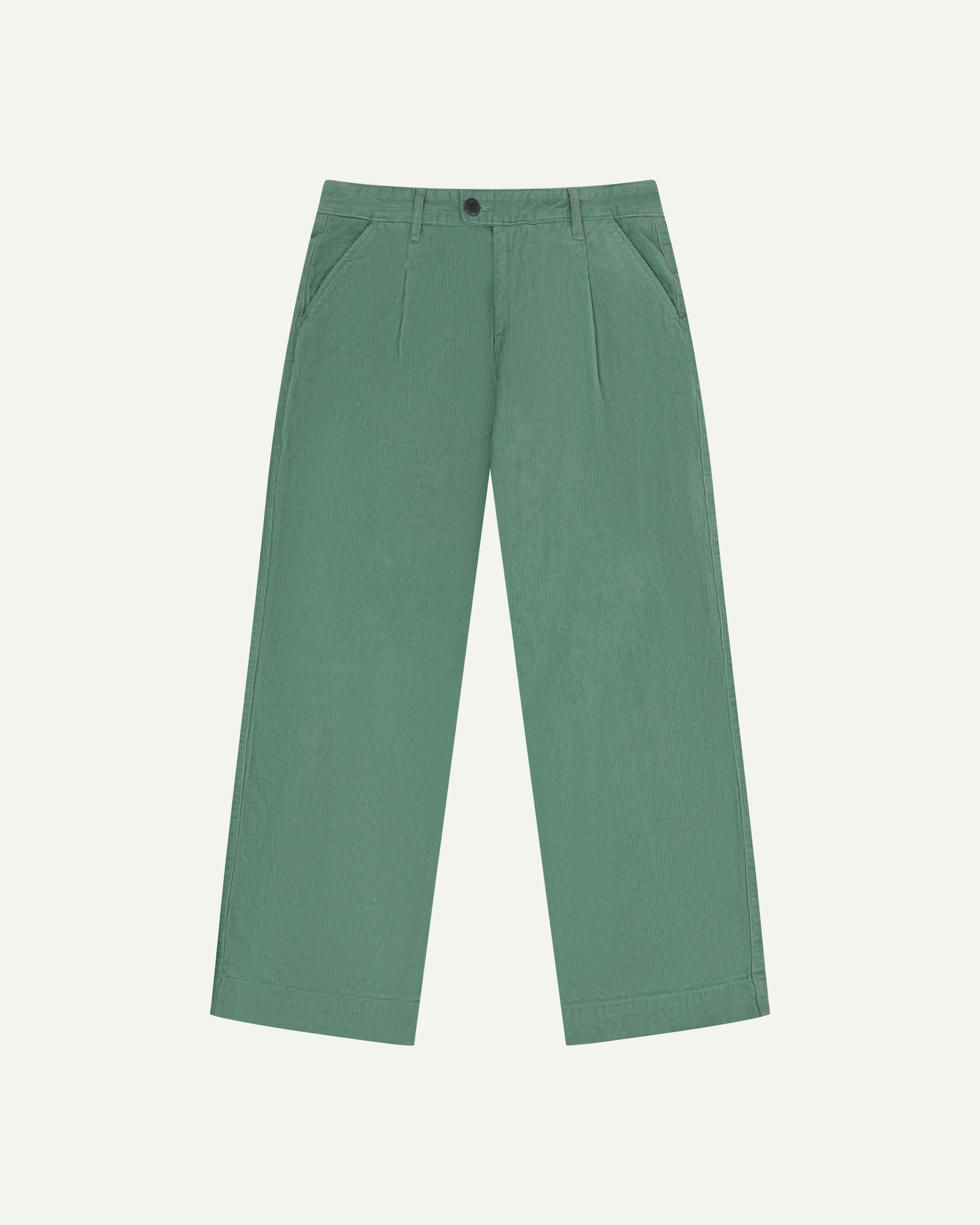 Front flat shot of #5018 Uskees men's organic corduroy boat trousers in light green showing wide leg style