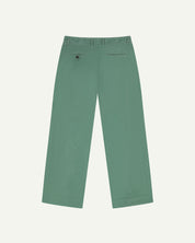 Back view of #5018 Uskees men's organic corduroy boat trousers in light green showing wide leg style and buttoned back pocket.