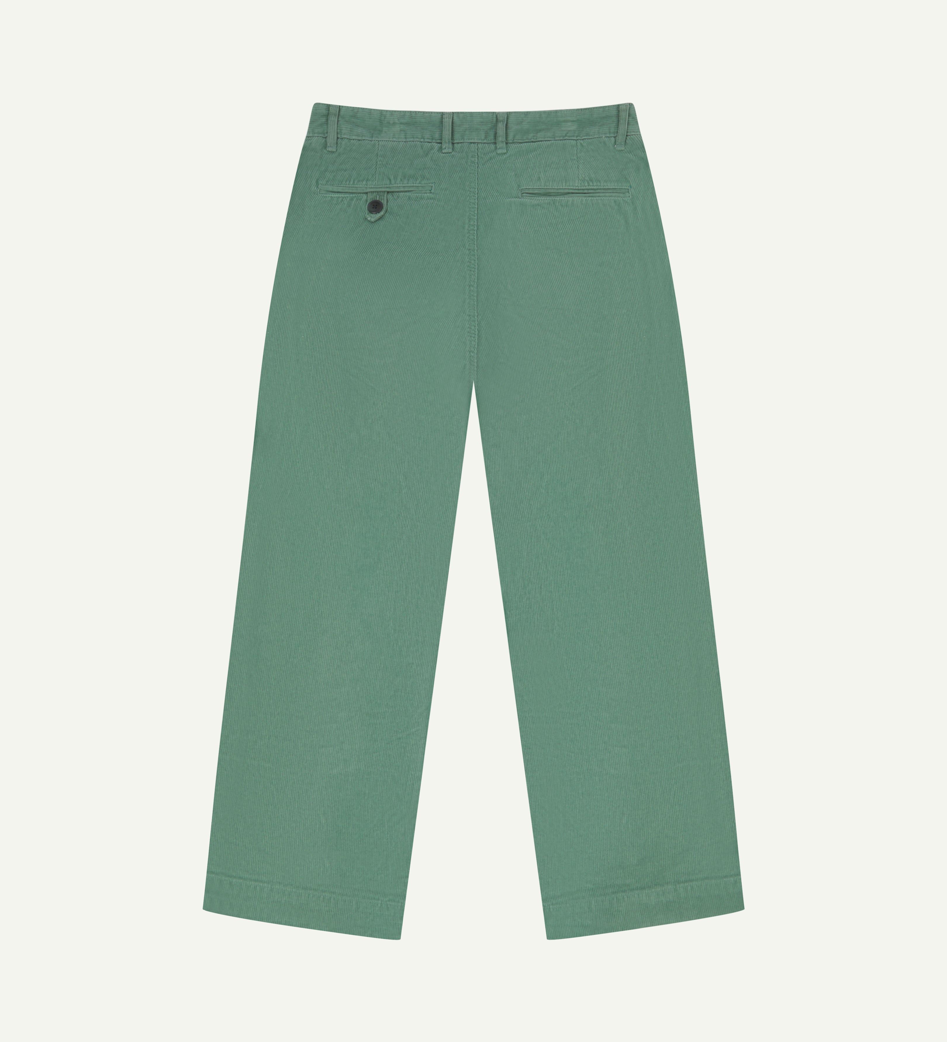 Back view of #5018 Uskees men's organic corduroy boat trousers in light green showing wide leg style and buttoned back pocket.