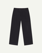 Front flat shot of #5018 Uskees men's organic corduroy boat trousers in navy blue showing wide leg style