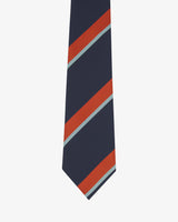 Close-up view of recycled polyester repp tie, showing narrow pale cyan and red stripes against a midnight blue background.