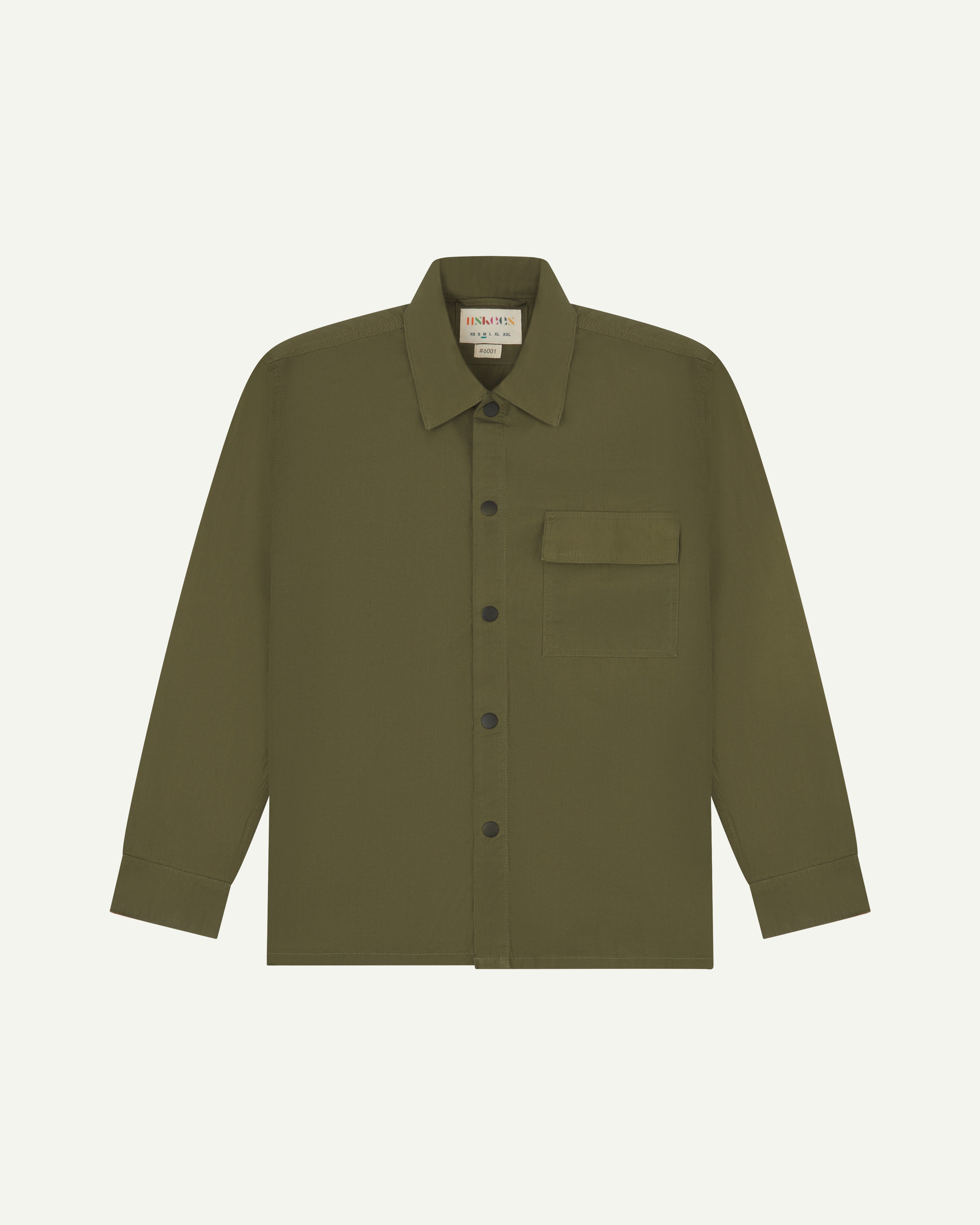 front flat shot of  men's olive green uskees lightweight shirt with black popper front fastening