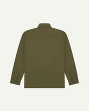 Back view of  men's olive green uskees lightweight shirt with black popper fastening at cuffs