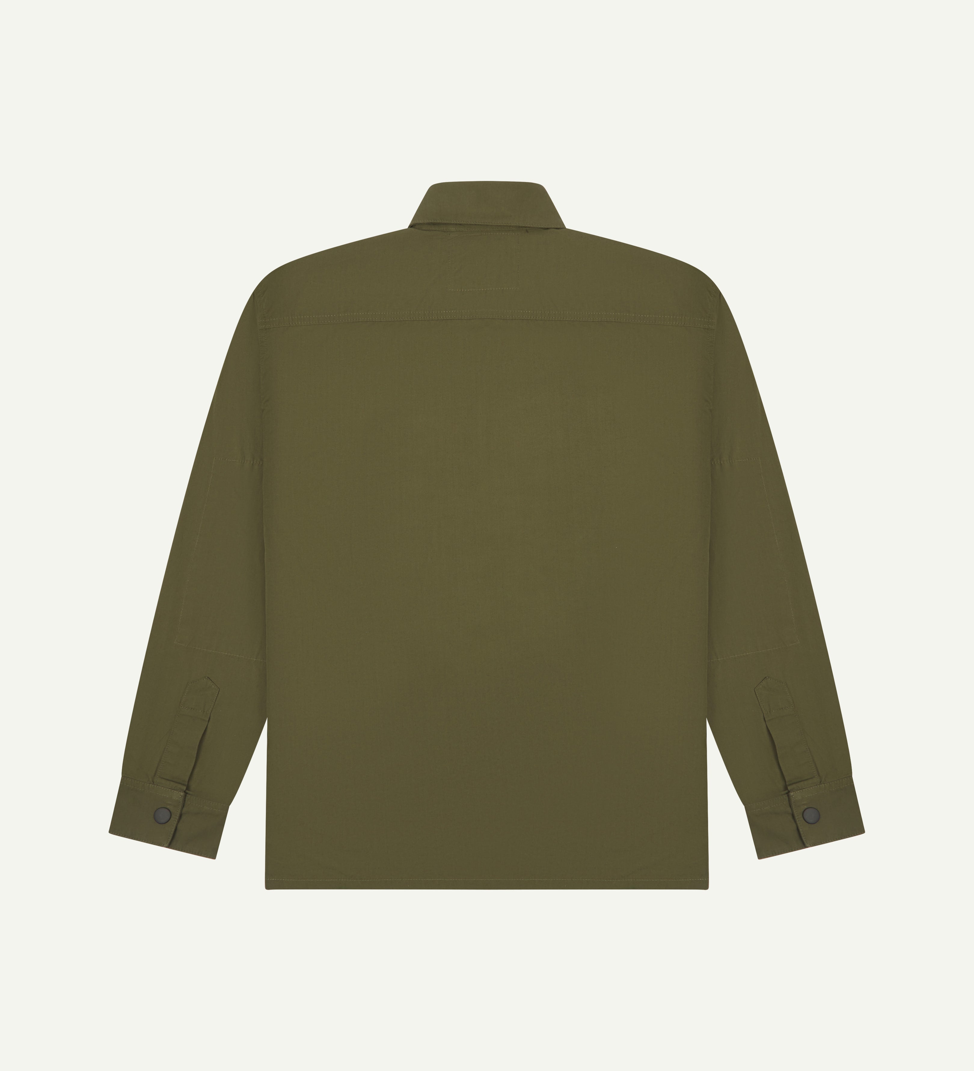Back view of  men's olive green uskees lightweight shirt with black popper fastening at cuffs
