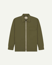 flat front shot of uskees zip front lightweight men's jacket in olive green showing the brand/size label.