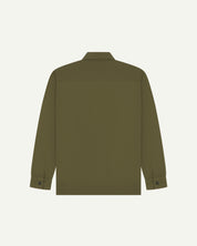 Back view of uskees zip front lightweight men's jacket in olive green showing the black poppers on the cuffs.