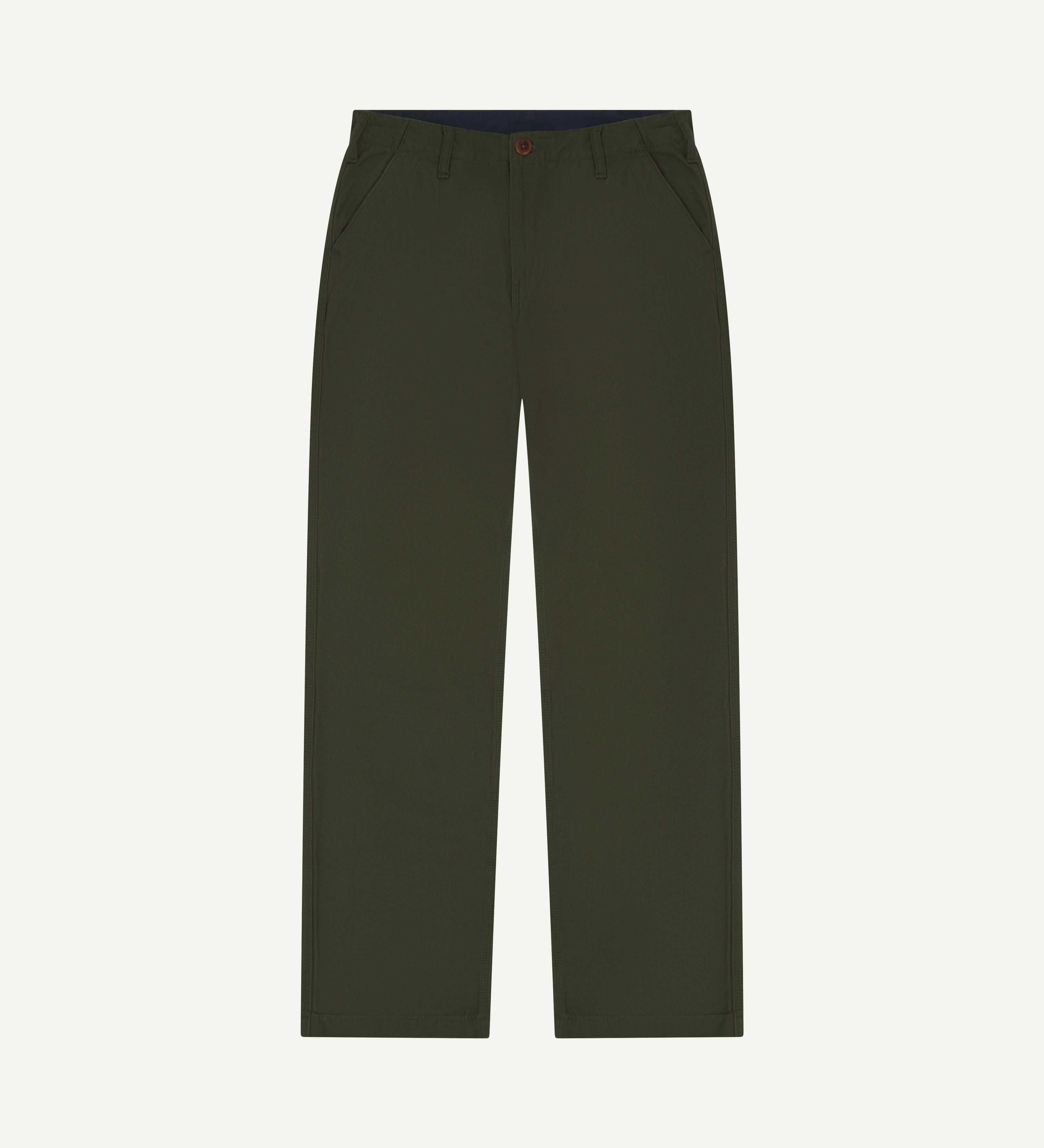 Flat shot of front of #5005 Uskees men's organic cotton vine green workwear trousers with view of brown corozo button and belt loops