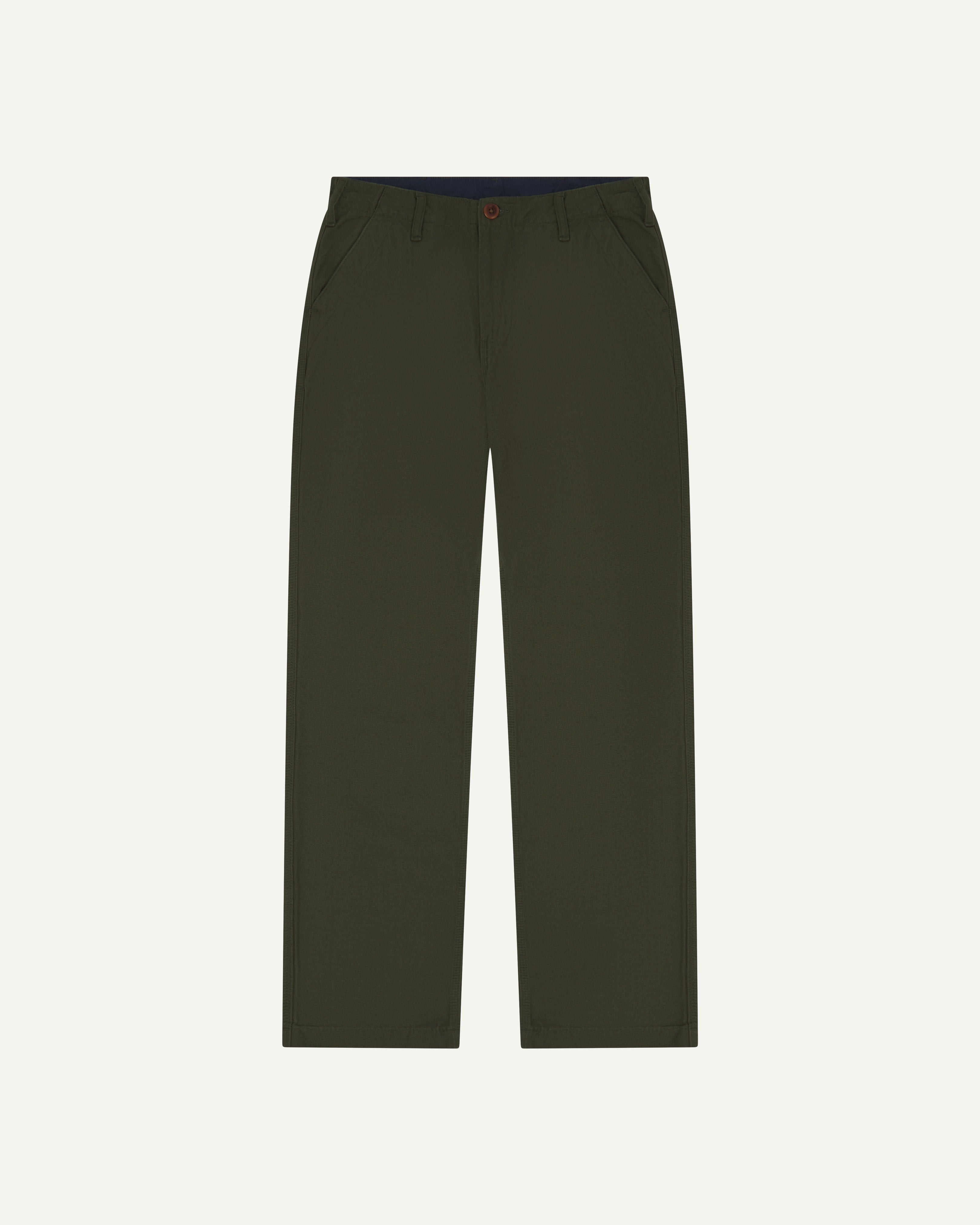 Flat shot of front of #5005 Uskees men's organic cotton vine green workwear trousers with view of brown corozo button and belt loops