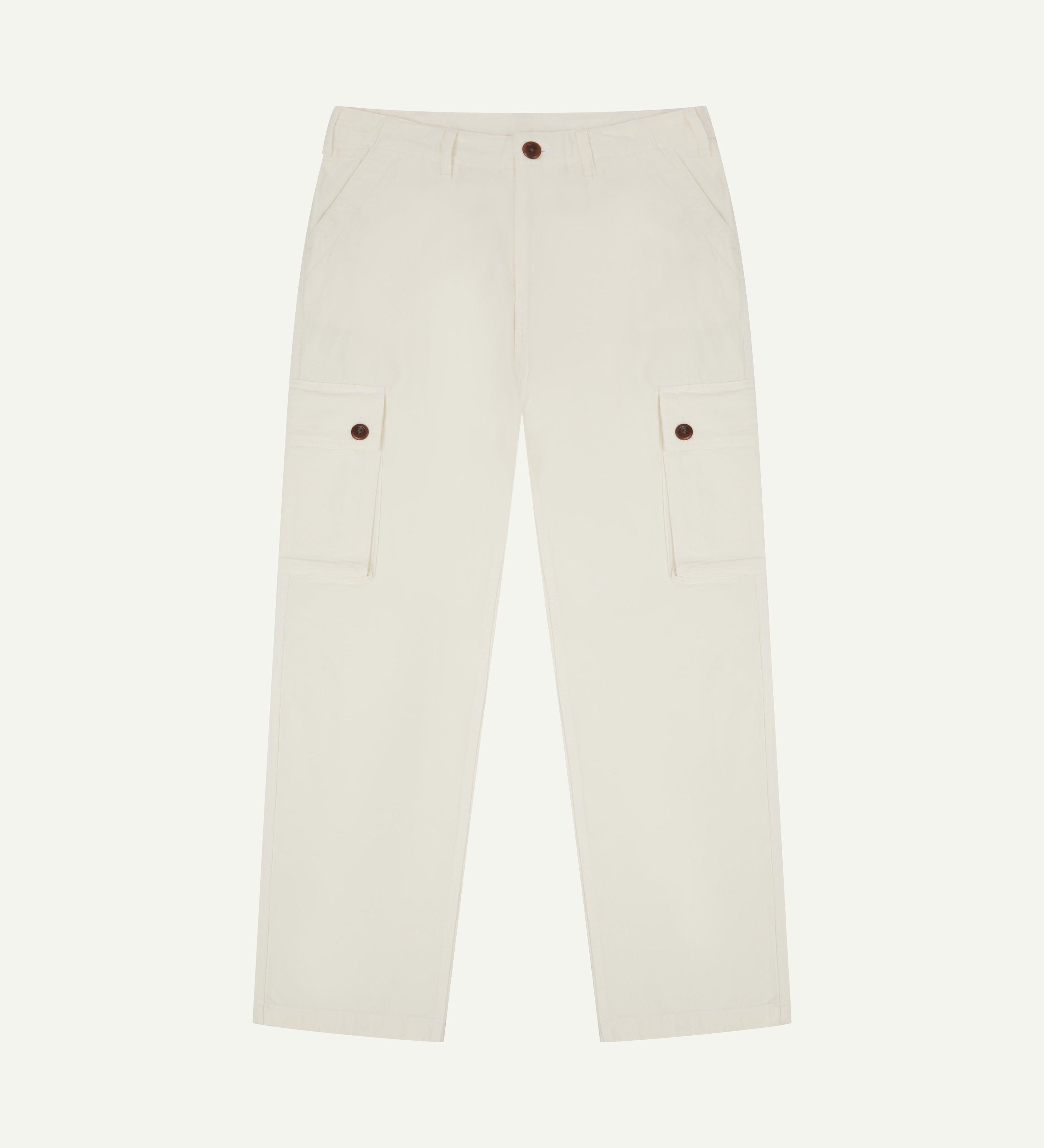 Front flat view of #5014 Uskees men's organic cotton cream cargo trousers showing contrast brown corozo buttons on pockets