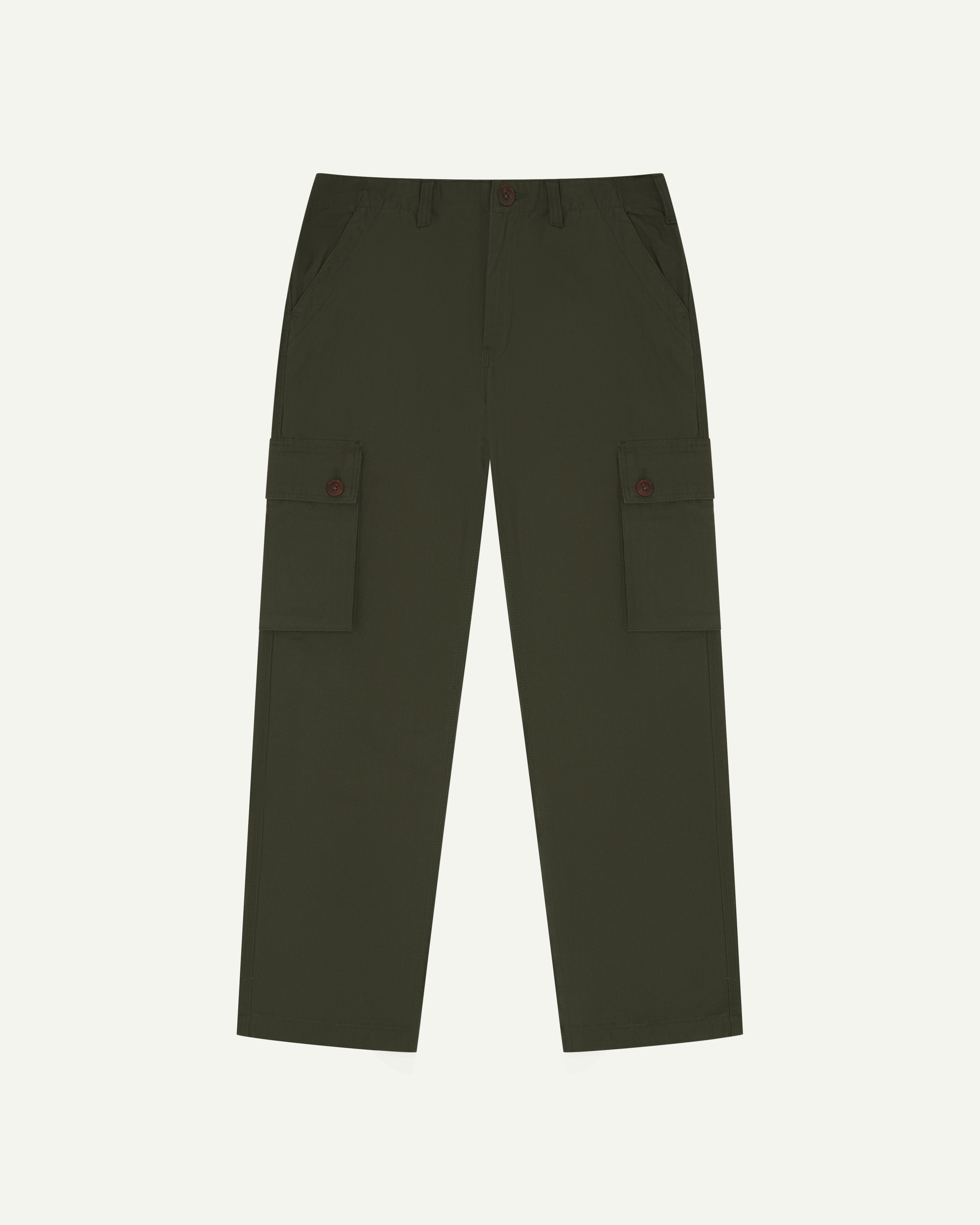 Front flat view of #5014 Uskees men's organic cotton dark green cargo trousers showing corozo buttons on pockets
