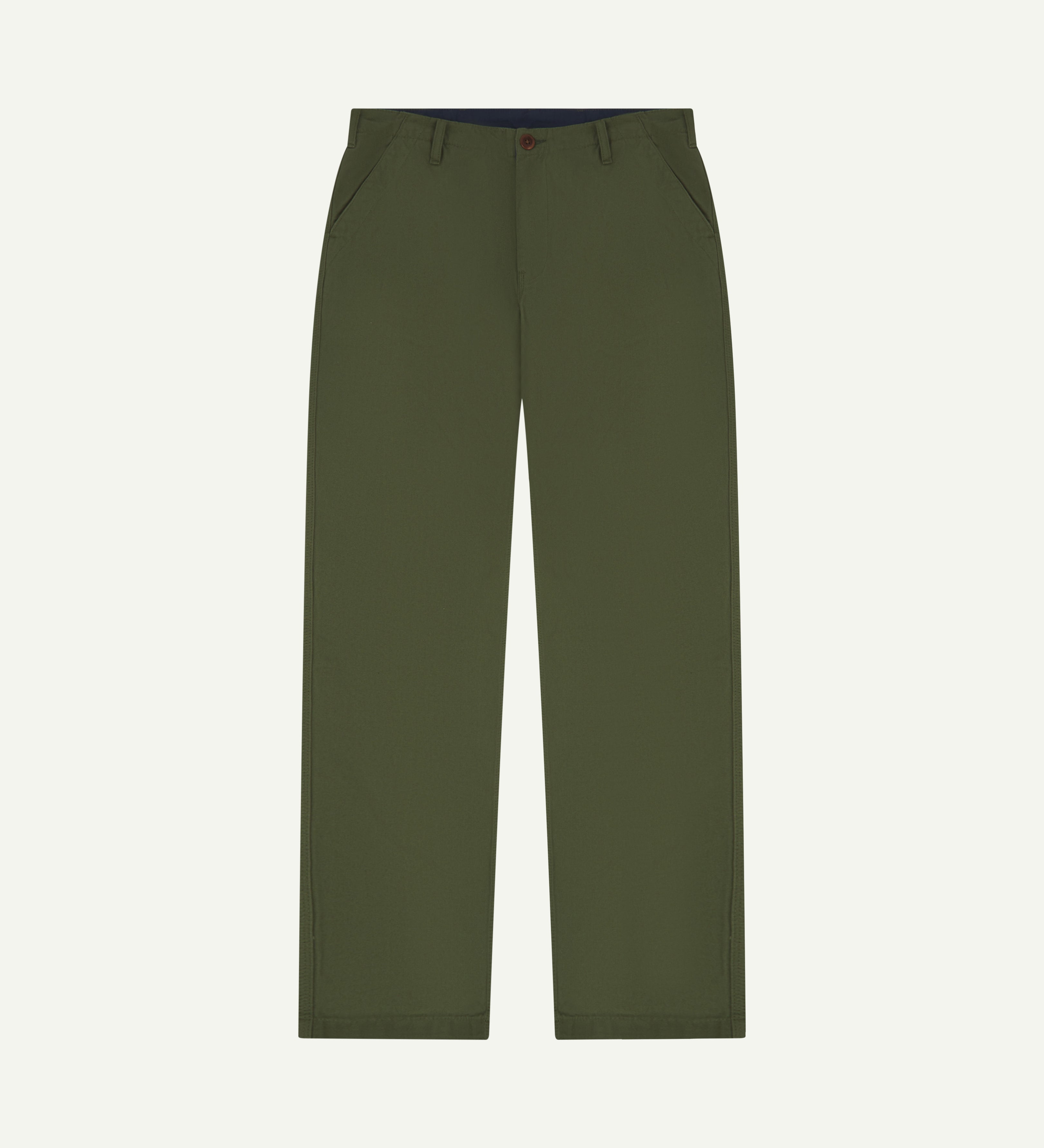 Flat view of #5005 Uskees organic cotton mid-green men's trousers on white background.