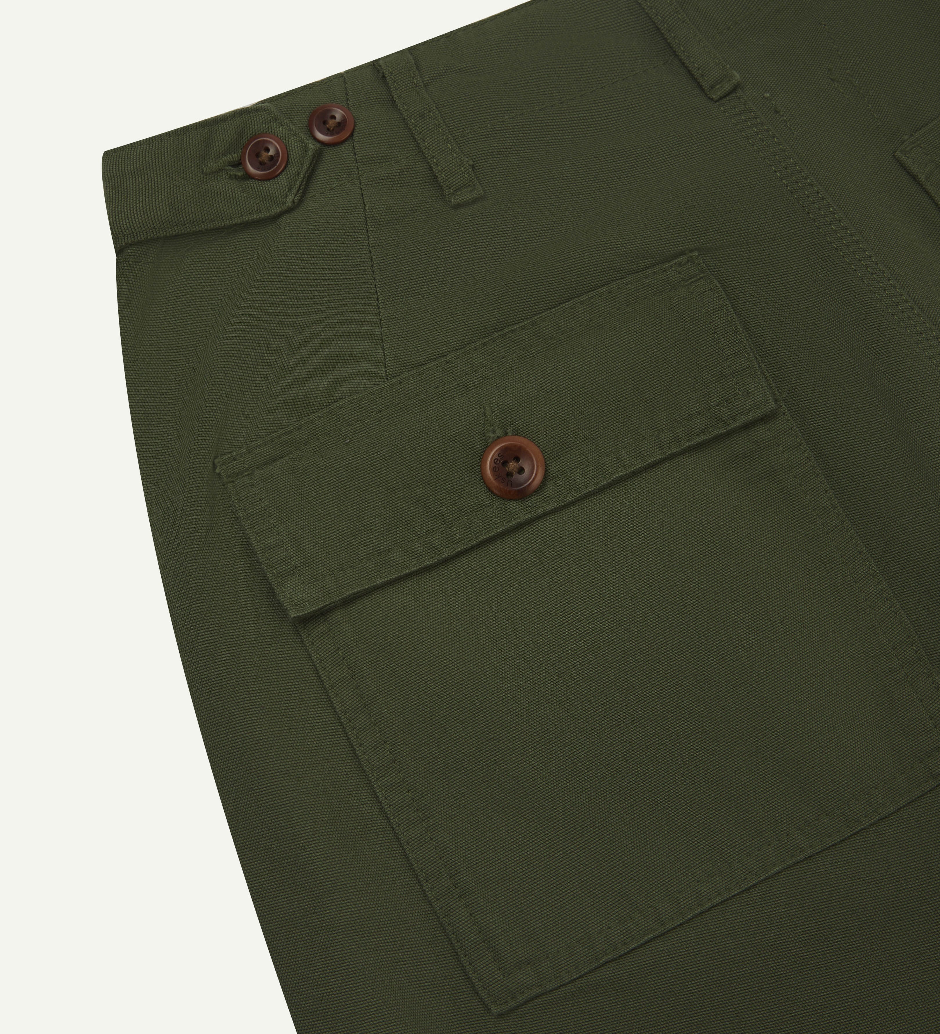 Back shot of #5005 workwear pants in 'coriander' green clearly showing the adjustable waistband, Corozo buttons, belt loops and back pockets. 