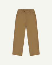 Front flat shot of #5018 Uskees men's organic cotton boat trousers in khaki showing wide leg style