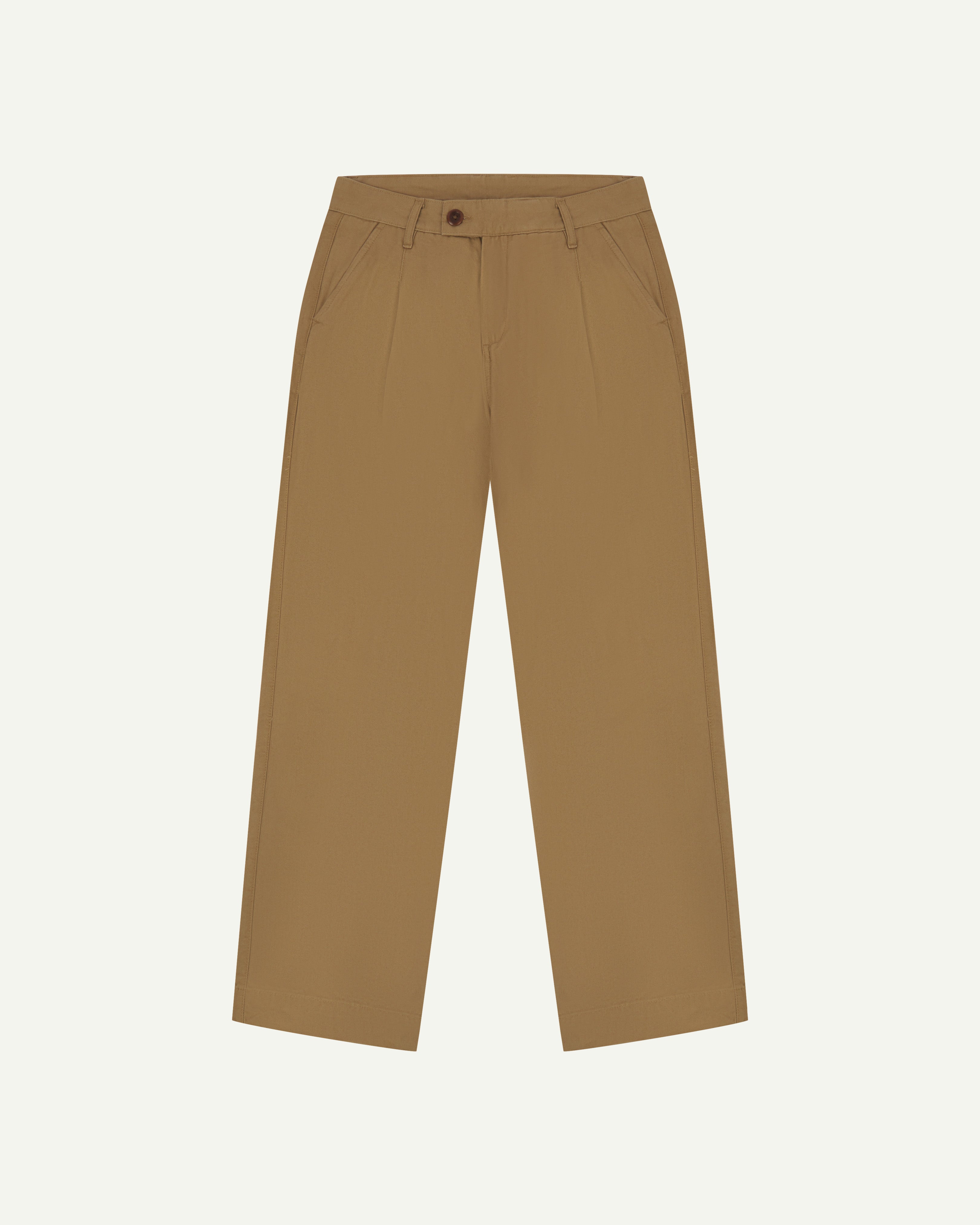 Front flat shot of #5018 Uskees men's organic cotton boat trousers in khaki showing wide leg style