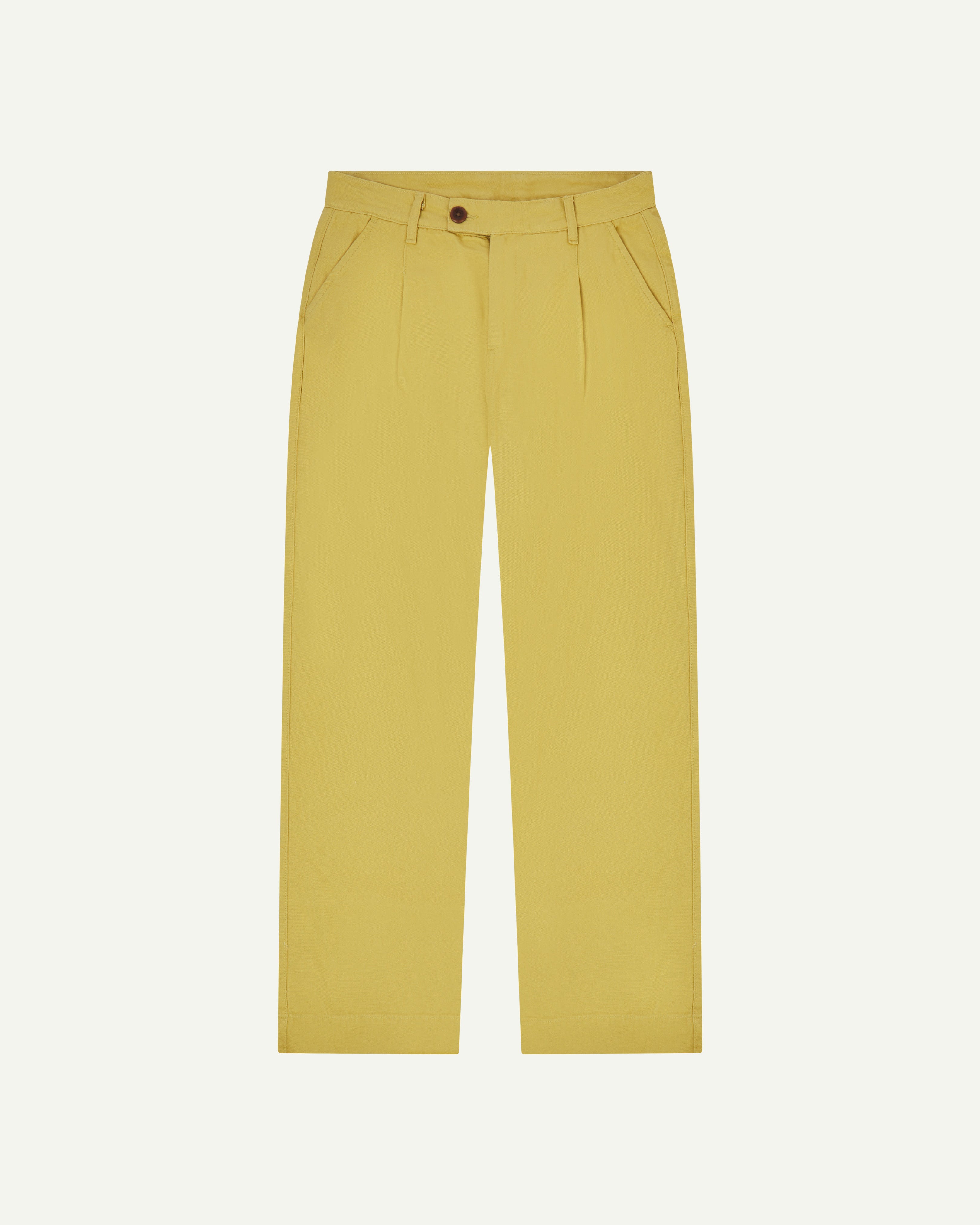 Front flat shot of #5018 Uskees men's organic mid-weight cotton boat trousers in yellow showing wide leg style