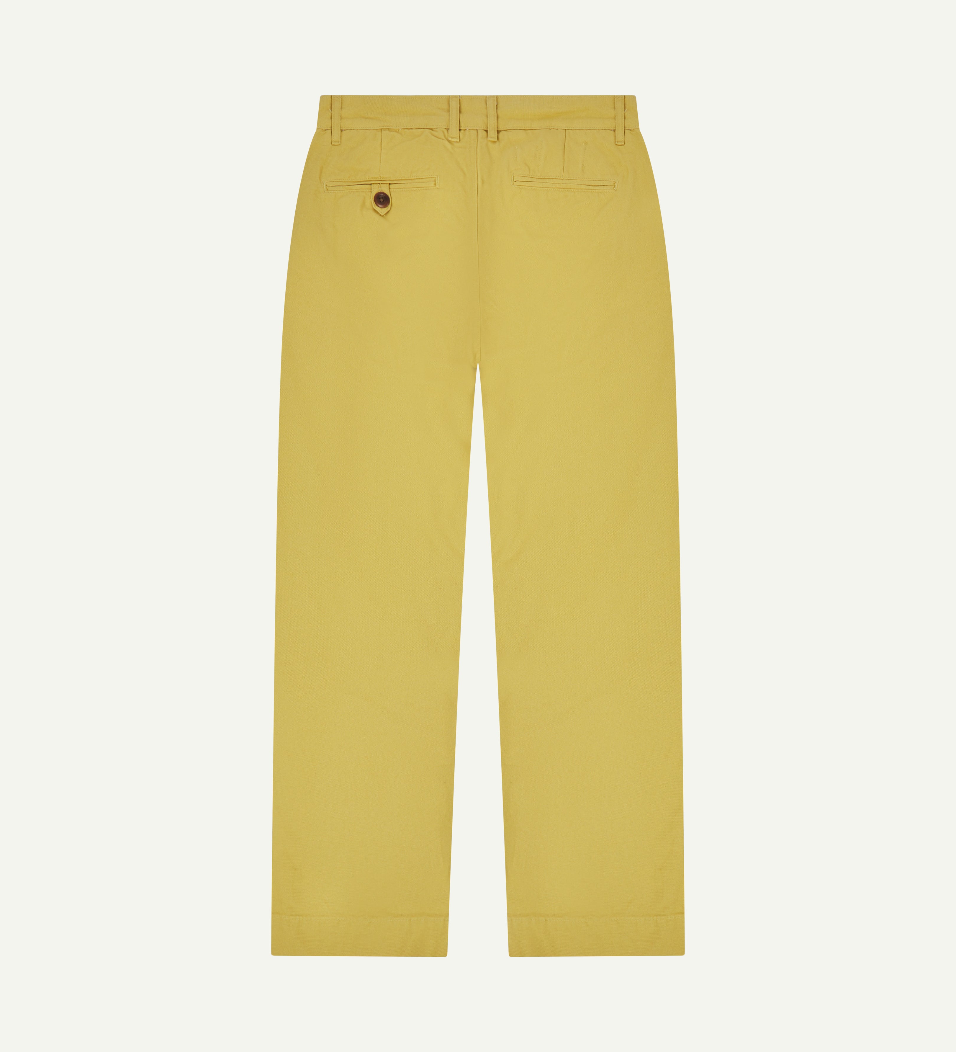 Back view of #5018 Uskees men's organic mid-weight cotton boat trousers in yellow showing wide leg style and buttoned back pocket