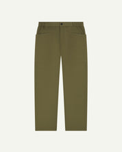 Front shot of #5011 Uskees men's organic 'olive-green' casual trousers. Clearly showing the elasticated waist and front pockets.