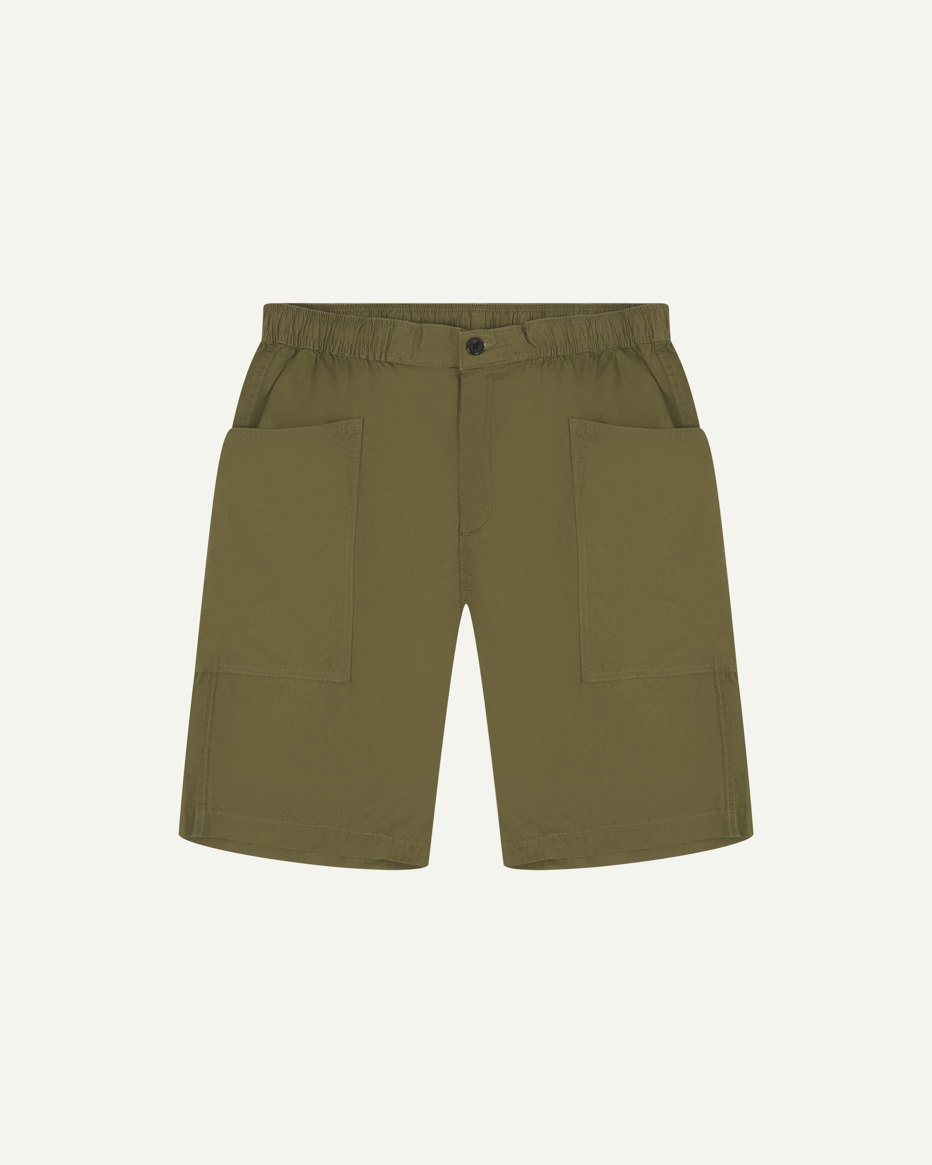 Front view of olive green organic cotton #5015 lightweight cotton shorts by Uskees. Clear view of lightweight elasticated waist and deep front pockets.
