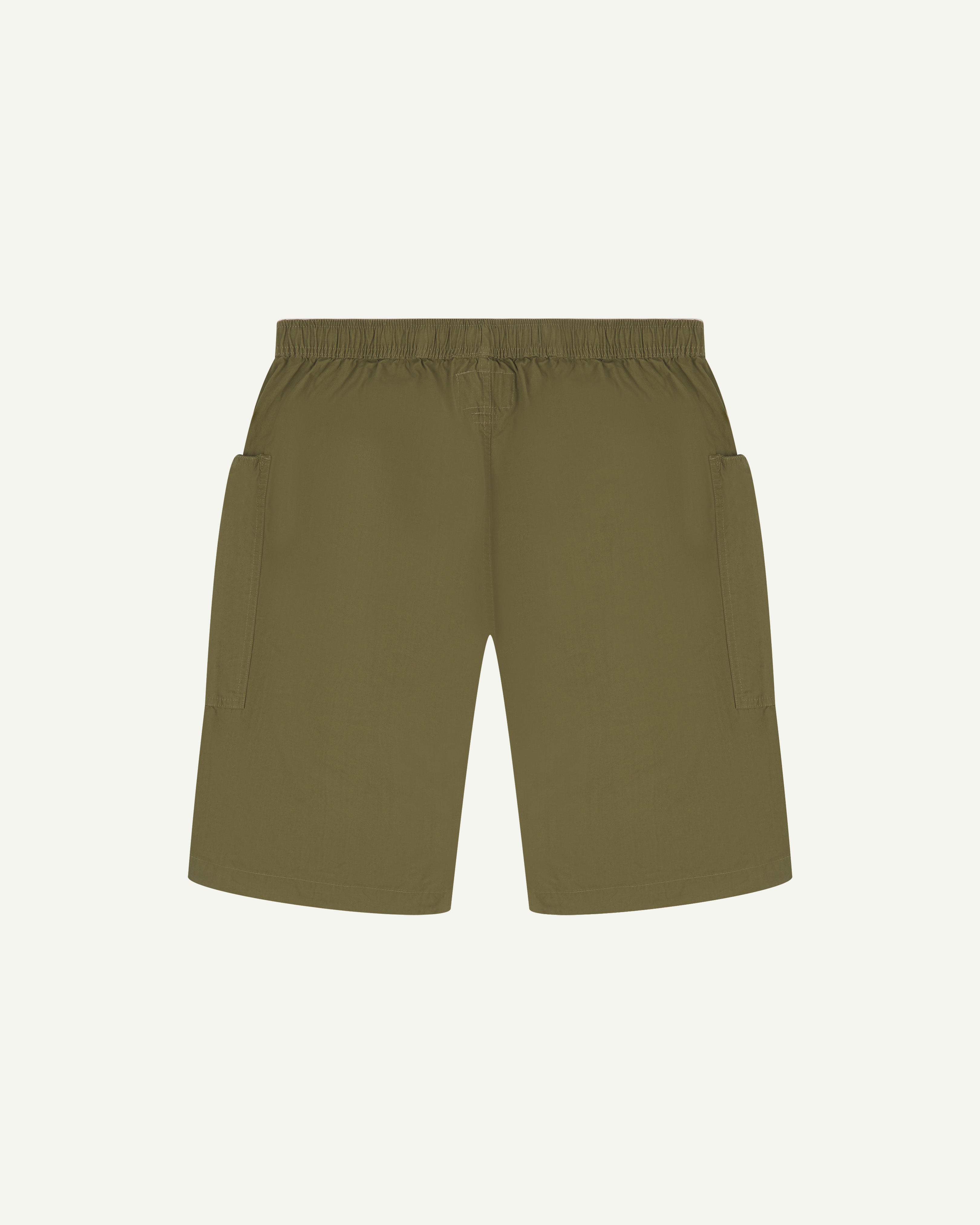 Back view of olive green organic cotton #5015 lightweight cotton shorts by Uskees. Clear view of lightweight elasticated waist .