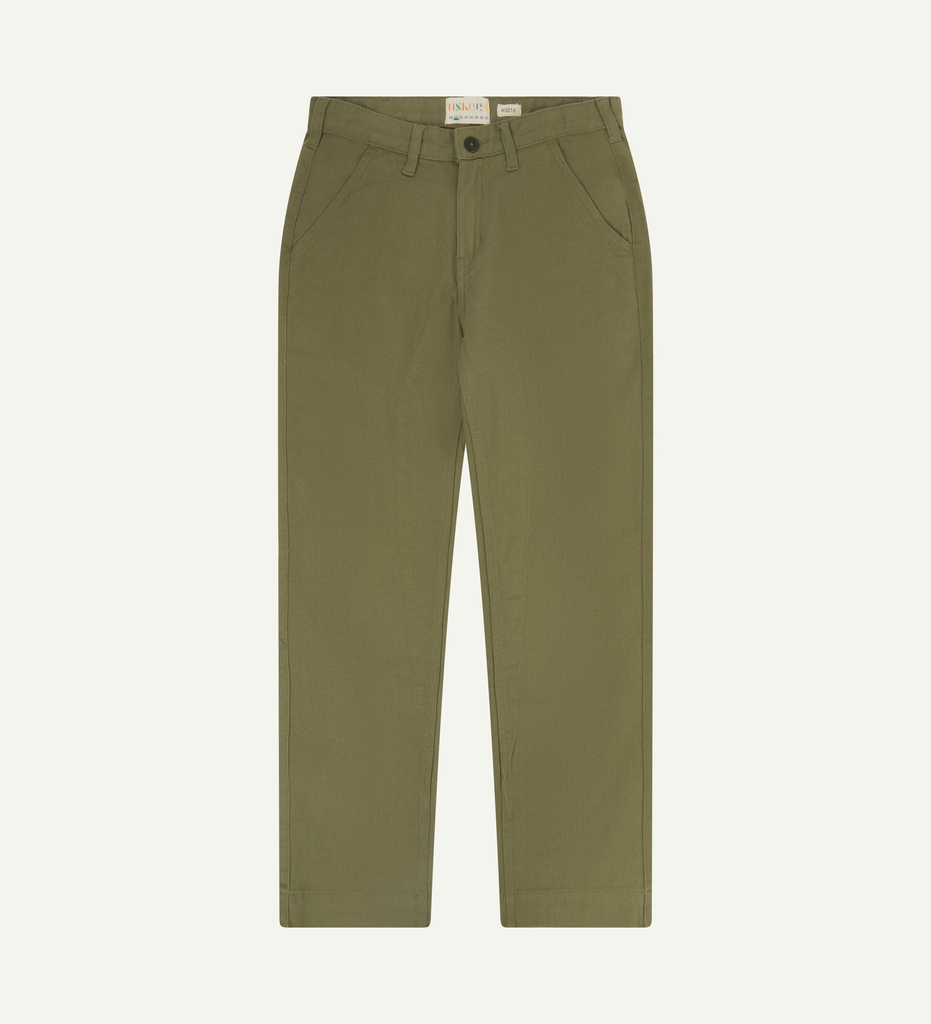 Front flat shot of uskees cotton drill 'commuter' trousers for men in moss green showing brand label at waist