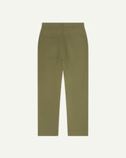 Back view of uskees cotton drill 'commuter' trousers for men in moss green showing back pockets