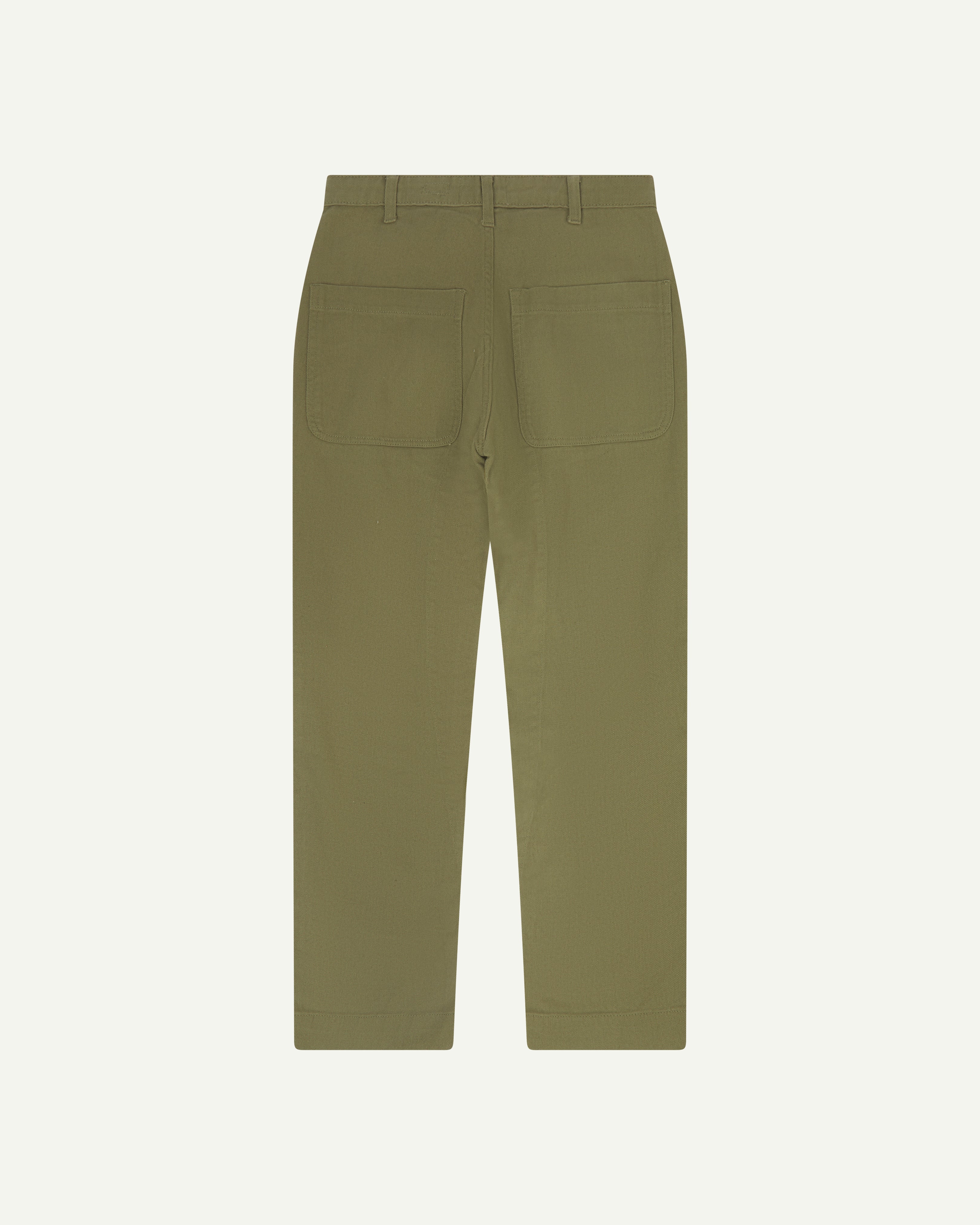 Back view of uskees cotton drill 'commuter' trousers for men in moss green showing back pockets