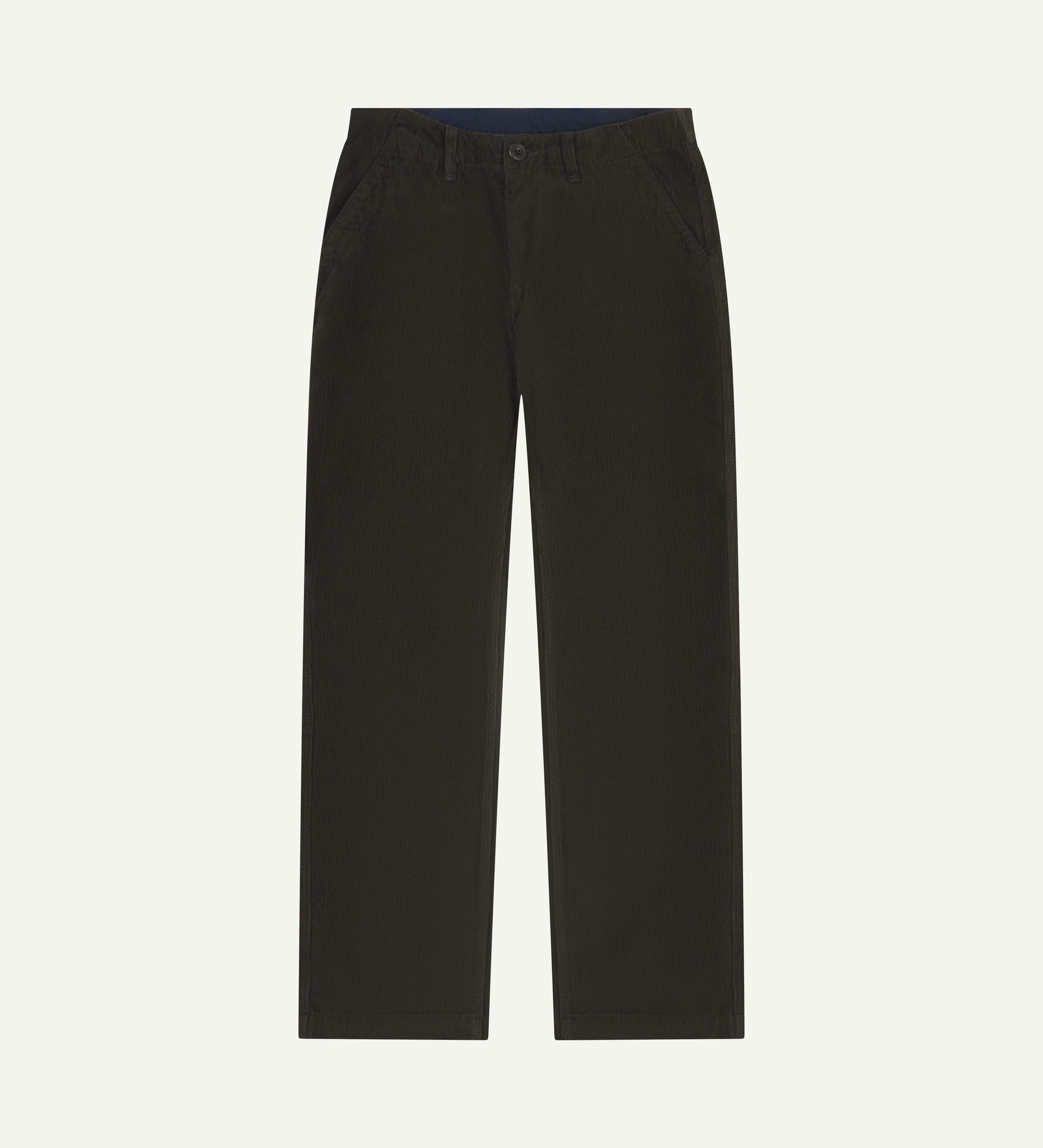 Uskees #5012 men's organic cord 'faded black' casual trousers with a view of adjustable waistband with corozo button detailing.