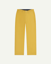 Uskees #5012 men's organic cord 'citronella-yellow' casual trousers with a view of adjustable waistband with corozo button detailing.