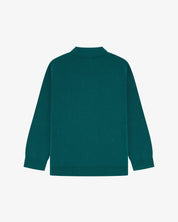 Flat back view of knitted organic cotton foam green cardigan from Uskees with view of ribbed cuffs and waistband