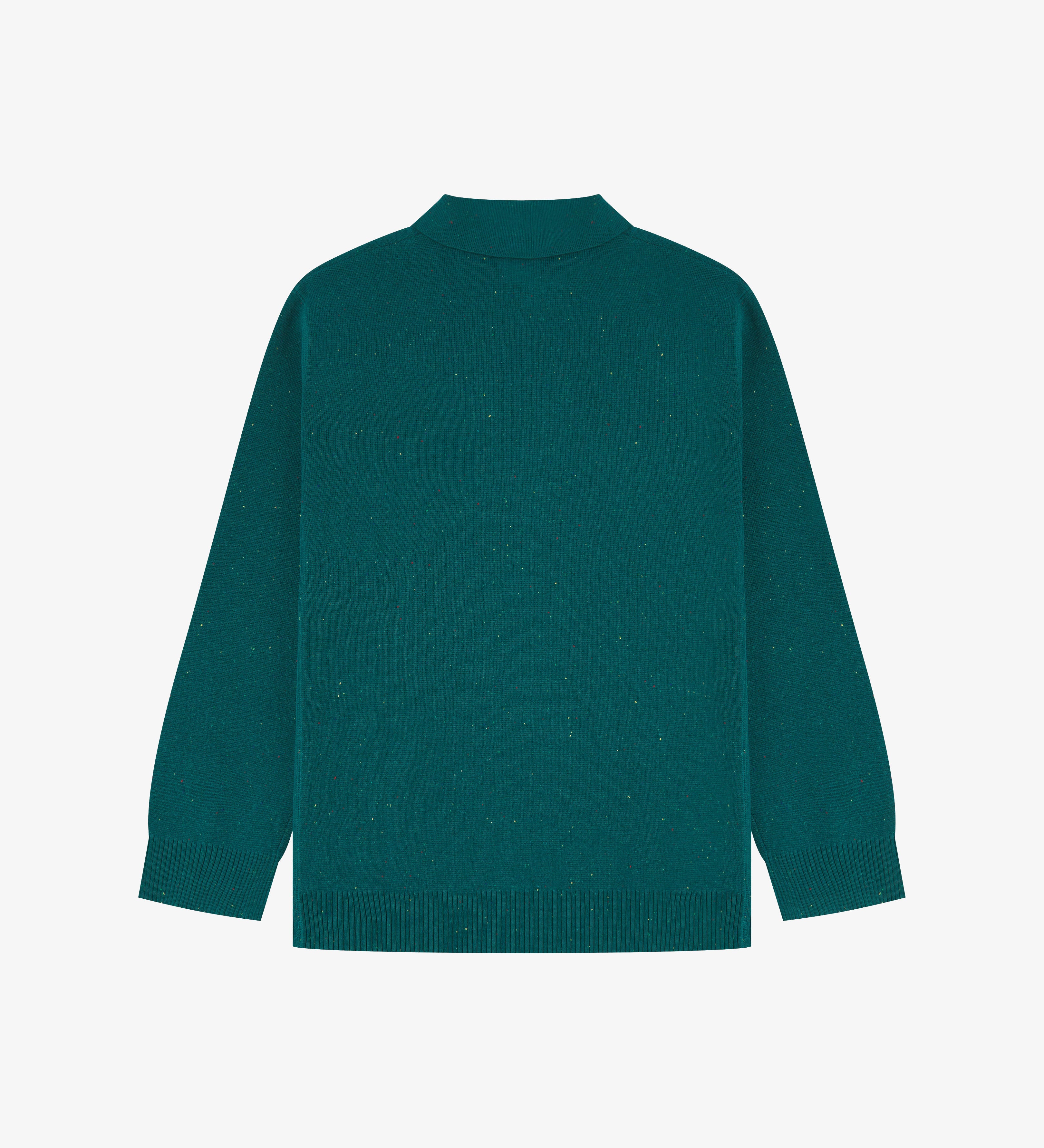 Flat back view of knitted organic cotton foam green cardigan from Uskees with view of ribbed cuffs and waistband