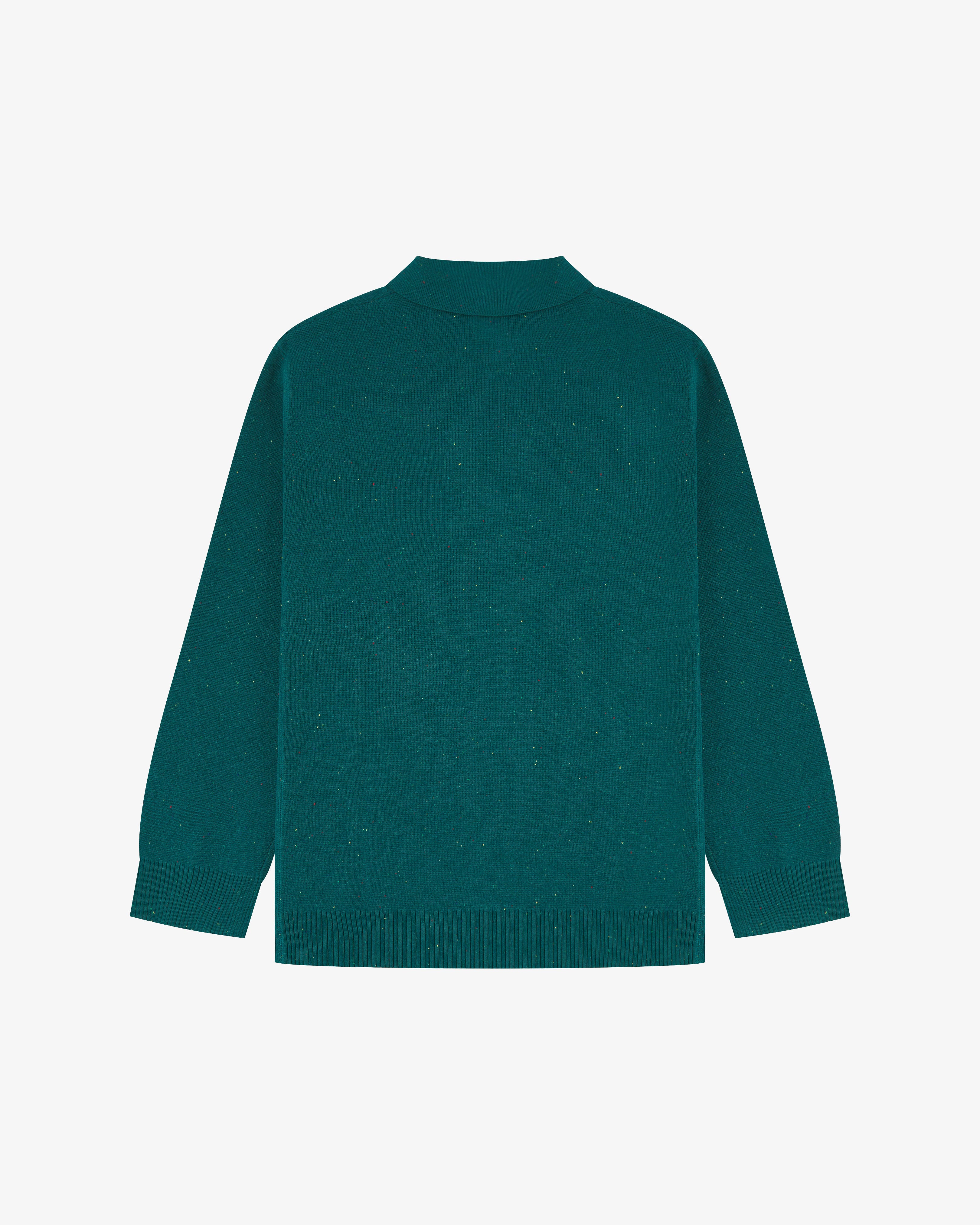 Flat back view of knitted organic cotton foam green cardigan from Uskees with view of ribbed cuffs and waistband