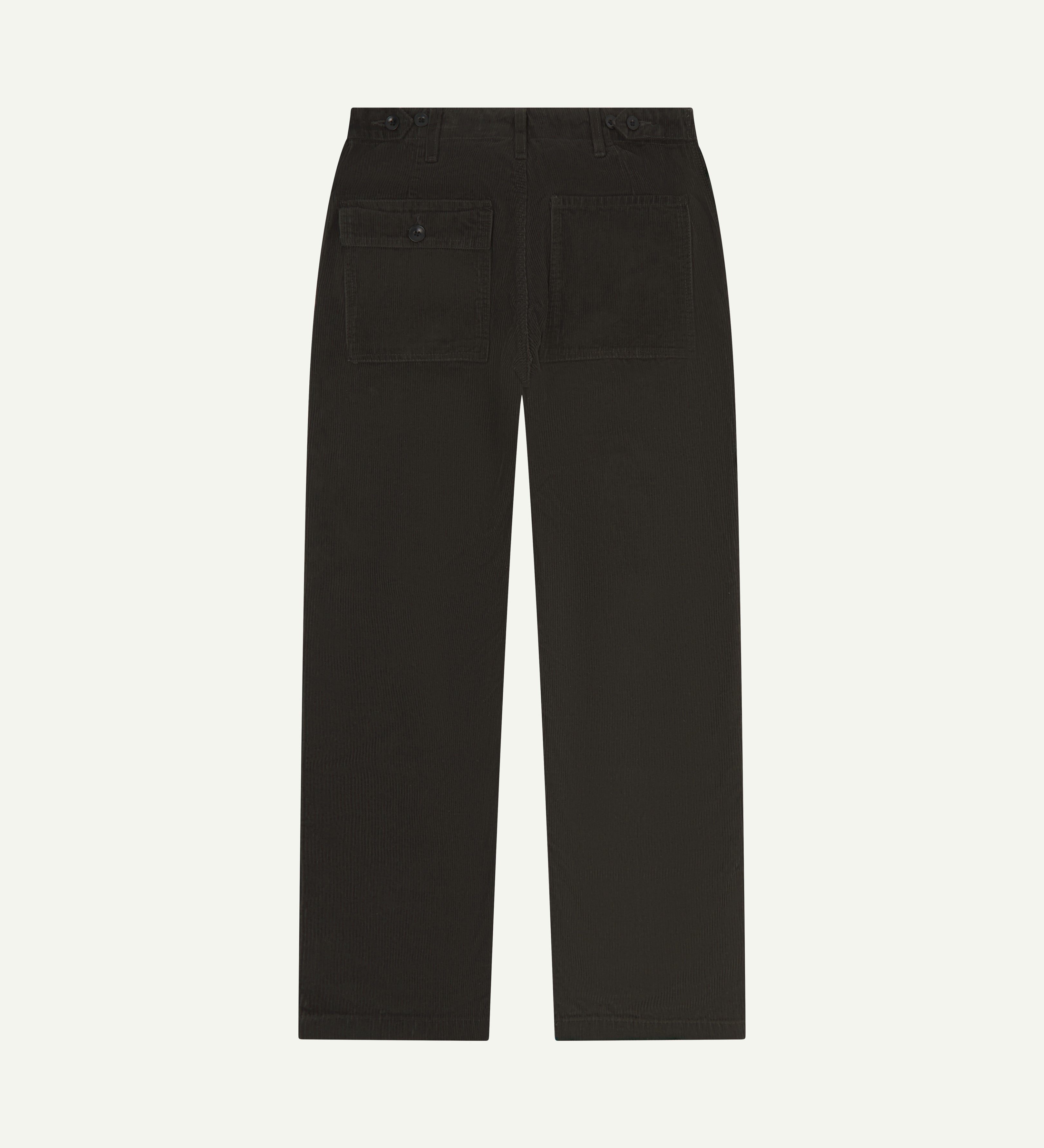 Back flat shot of #5005 Uskees men's organic cord 'faded black' casual trousers