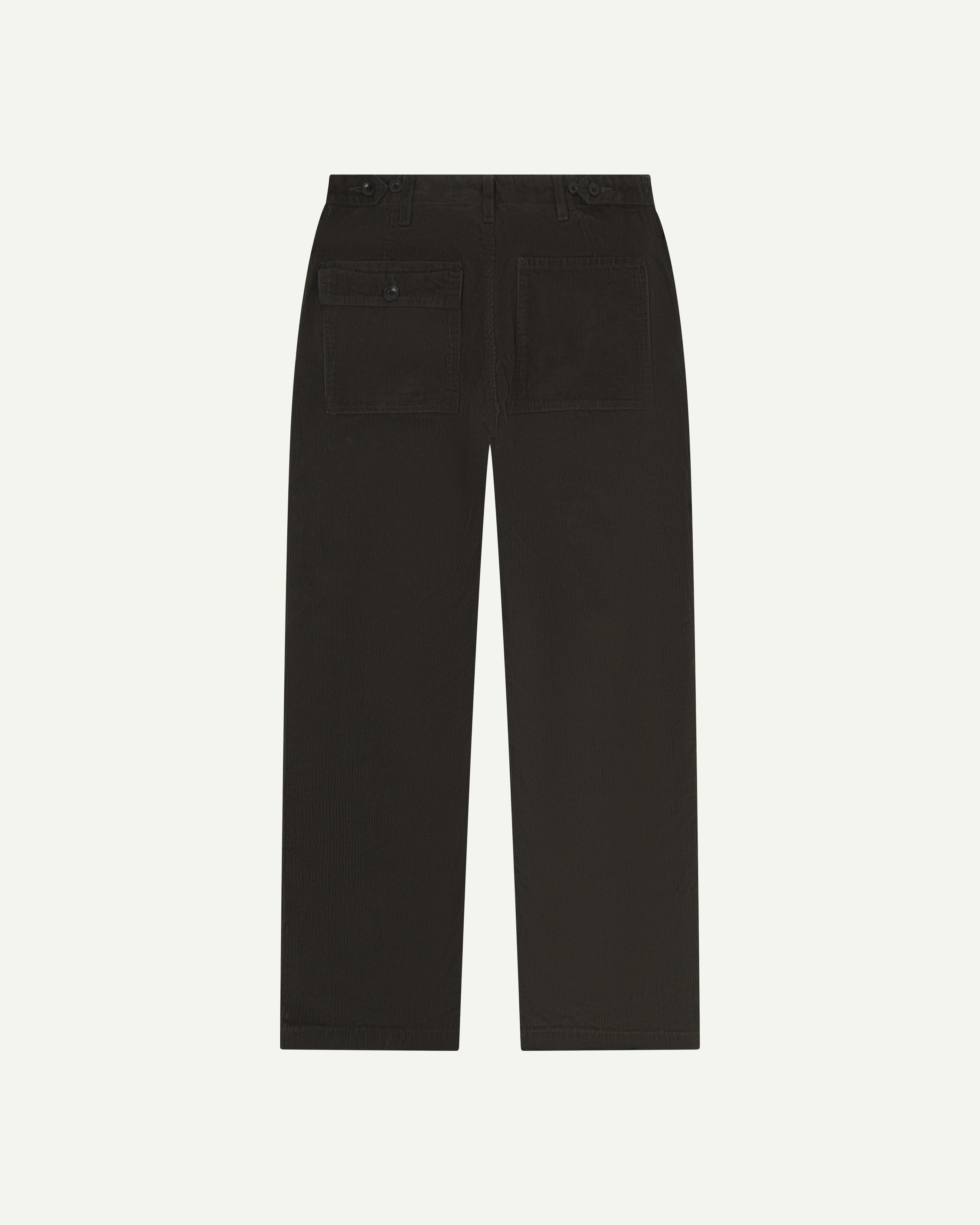 Back flat shot of #5005 Uskees men's organic cord 'faded black' casual trousers
