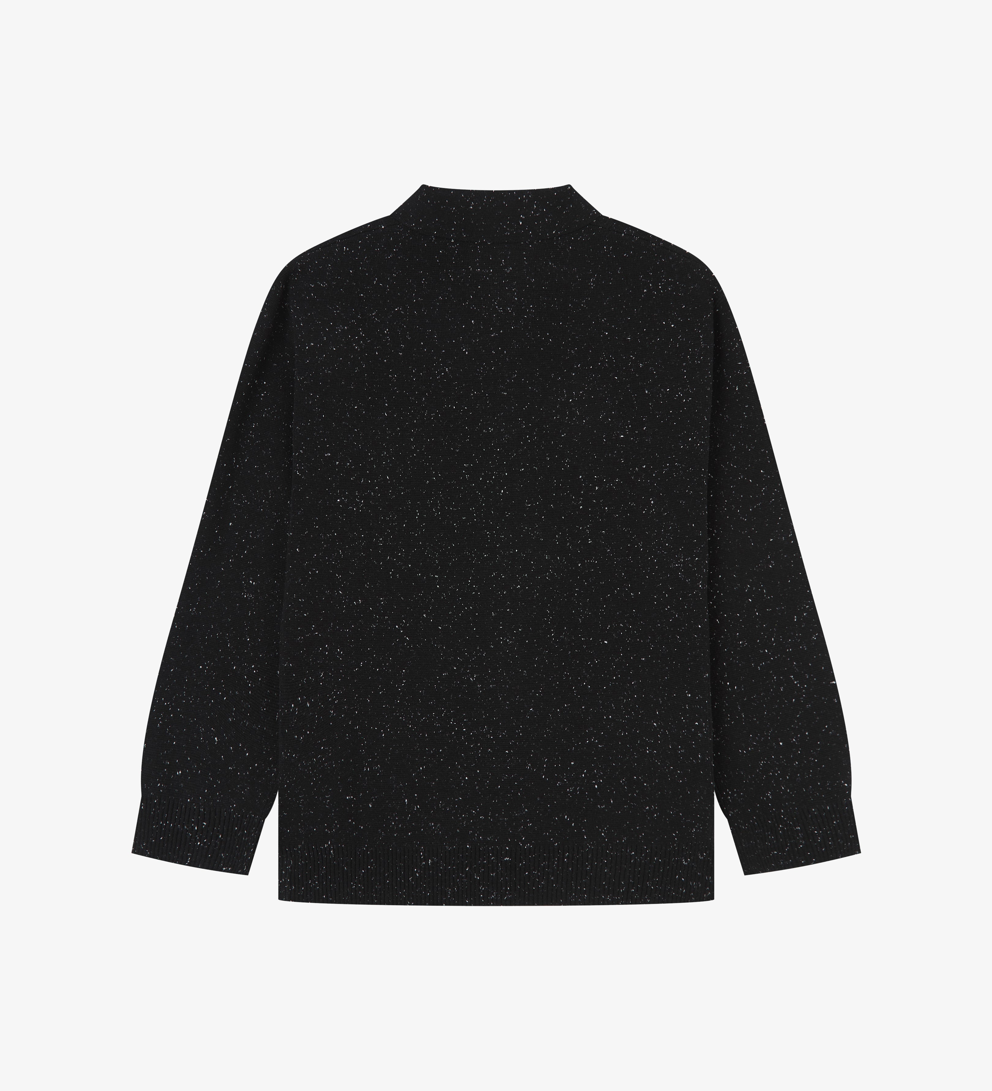 Flat back view of knitted organic cotton black cardigan from Uskees with view of ribbed cuffs and waistband