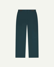 Flat view of back of #5005 Uskees men's organic cotton 'peacock' coloured trousers on white background.