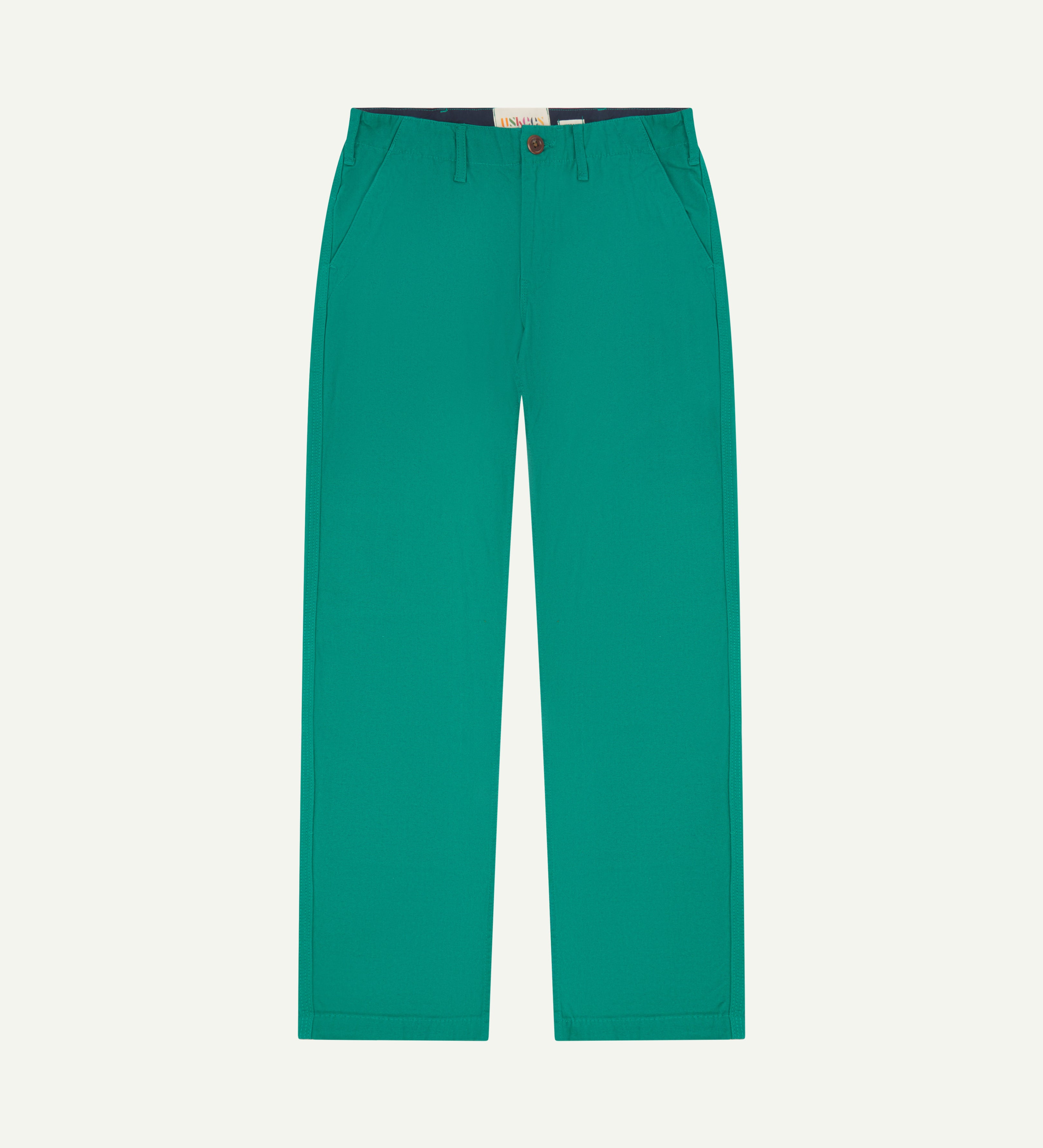 Flat view of #5005 Uskees men's organic cotton 'foam green' coloured trousers on white background.