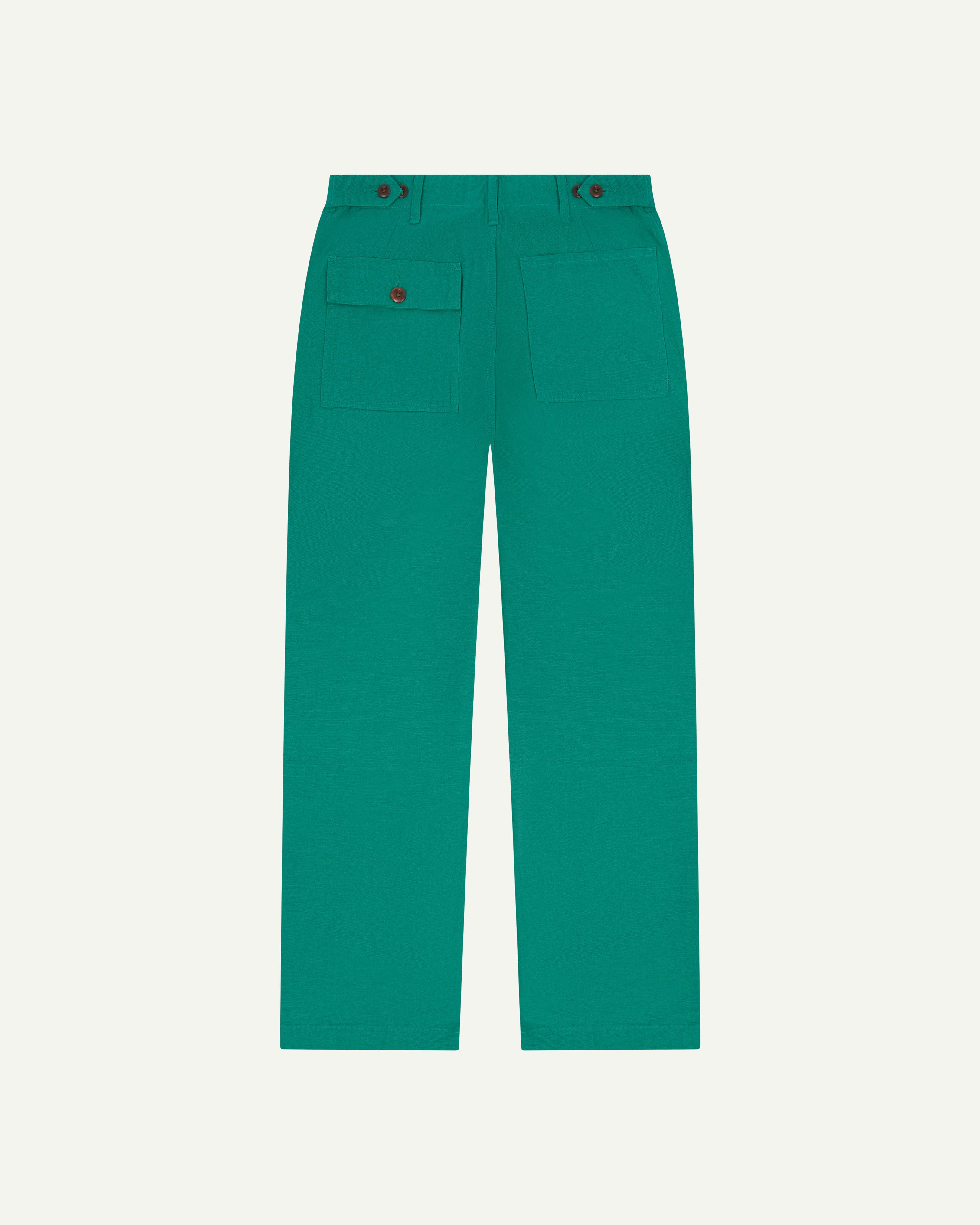 Flat view of back of #5005 Uskees men's organic cotton 'foam green' coloured trousers on white background.
