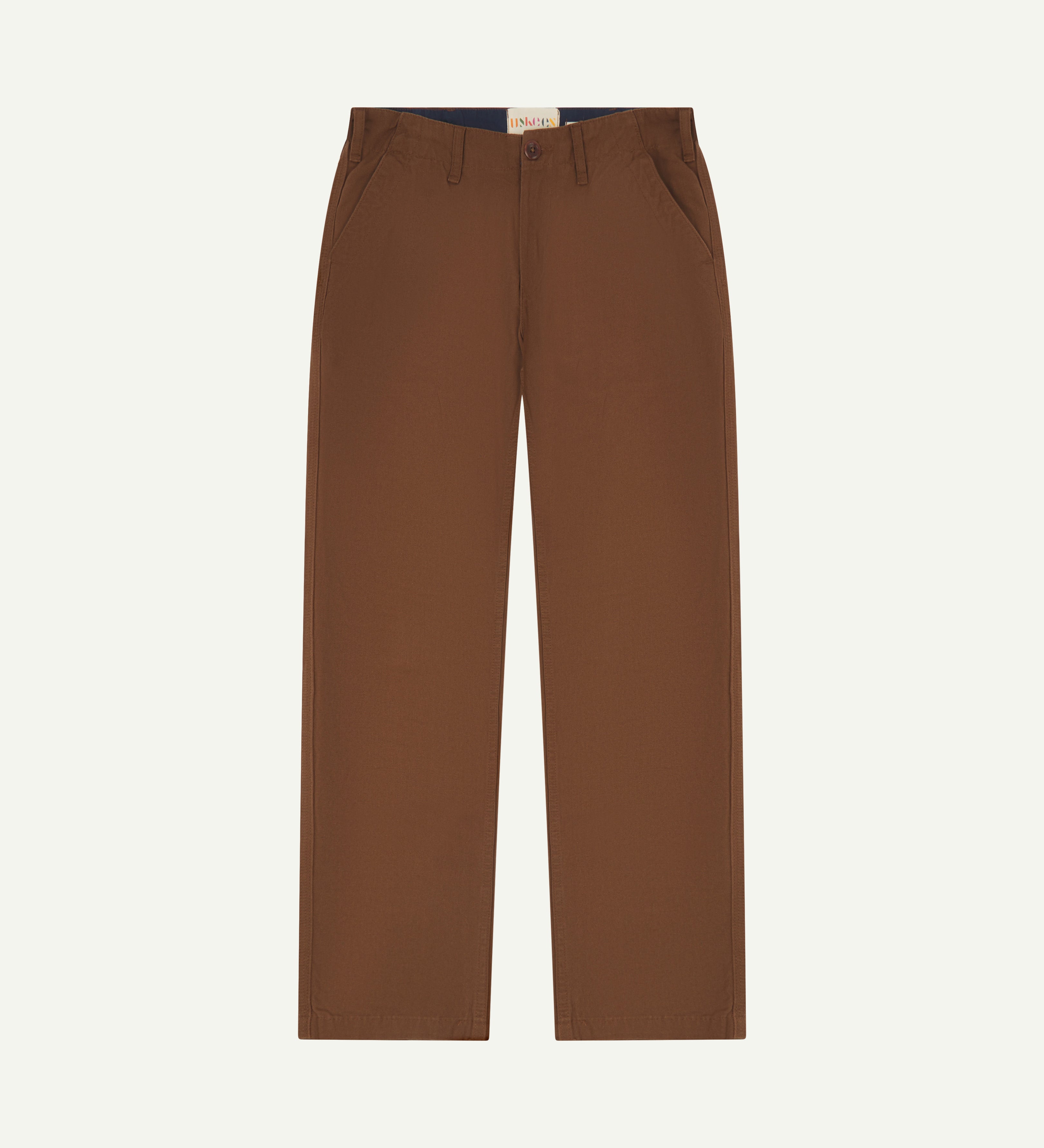 Flat view of #5005 Uskees men's organic cotton 'chocolate' coloured trousers on white background.