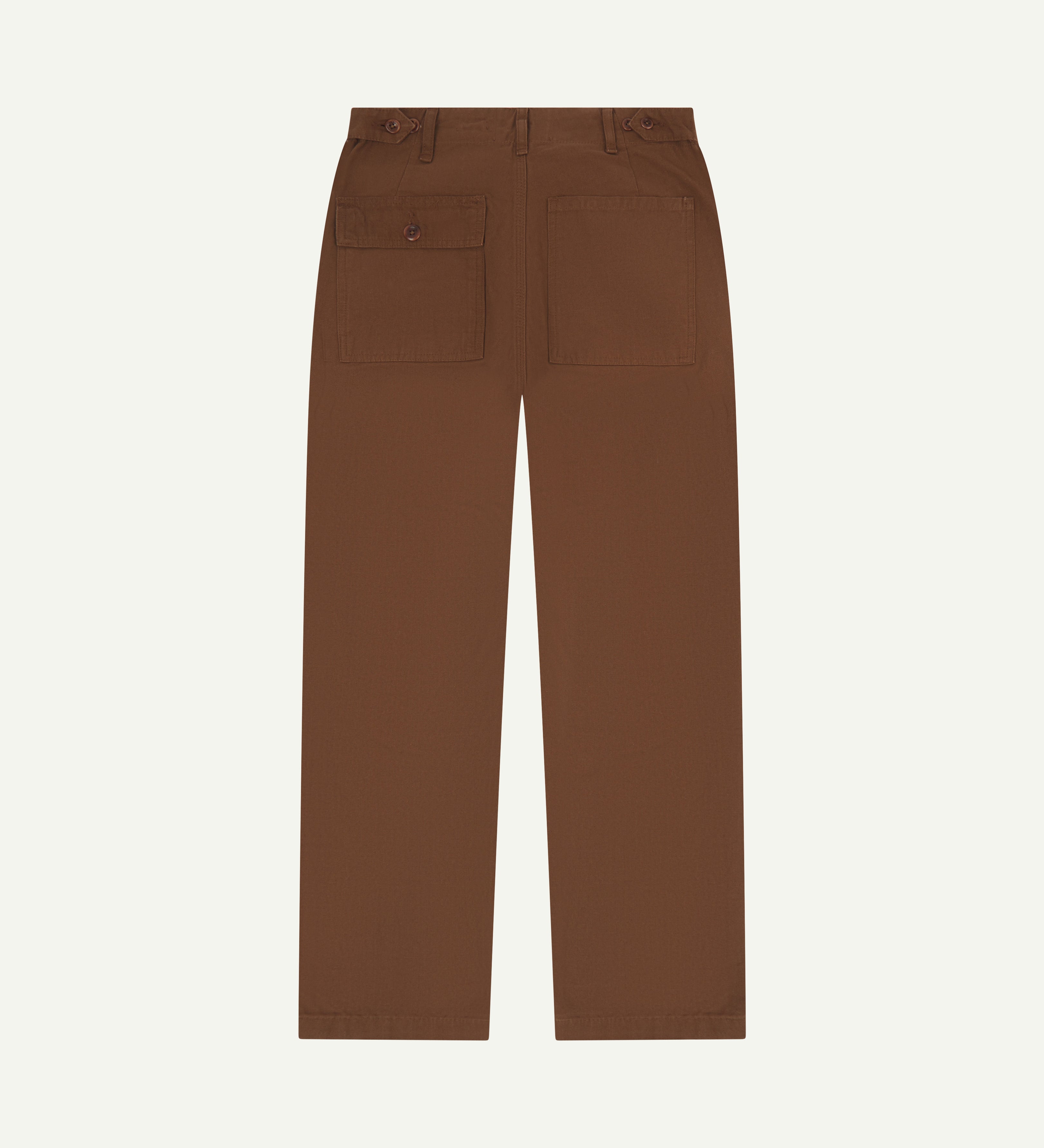 Flat view of back of #5005 Uskees men's organic cotton 'chocolate' coloured trousers on white background.
