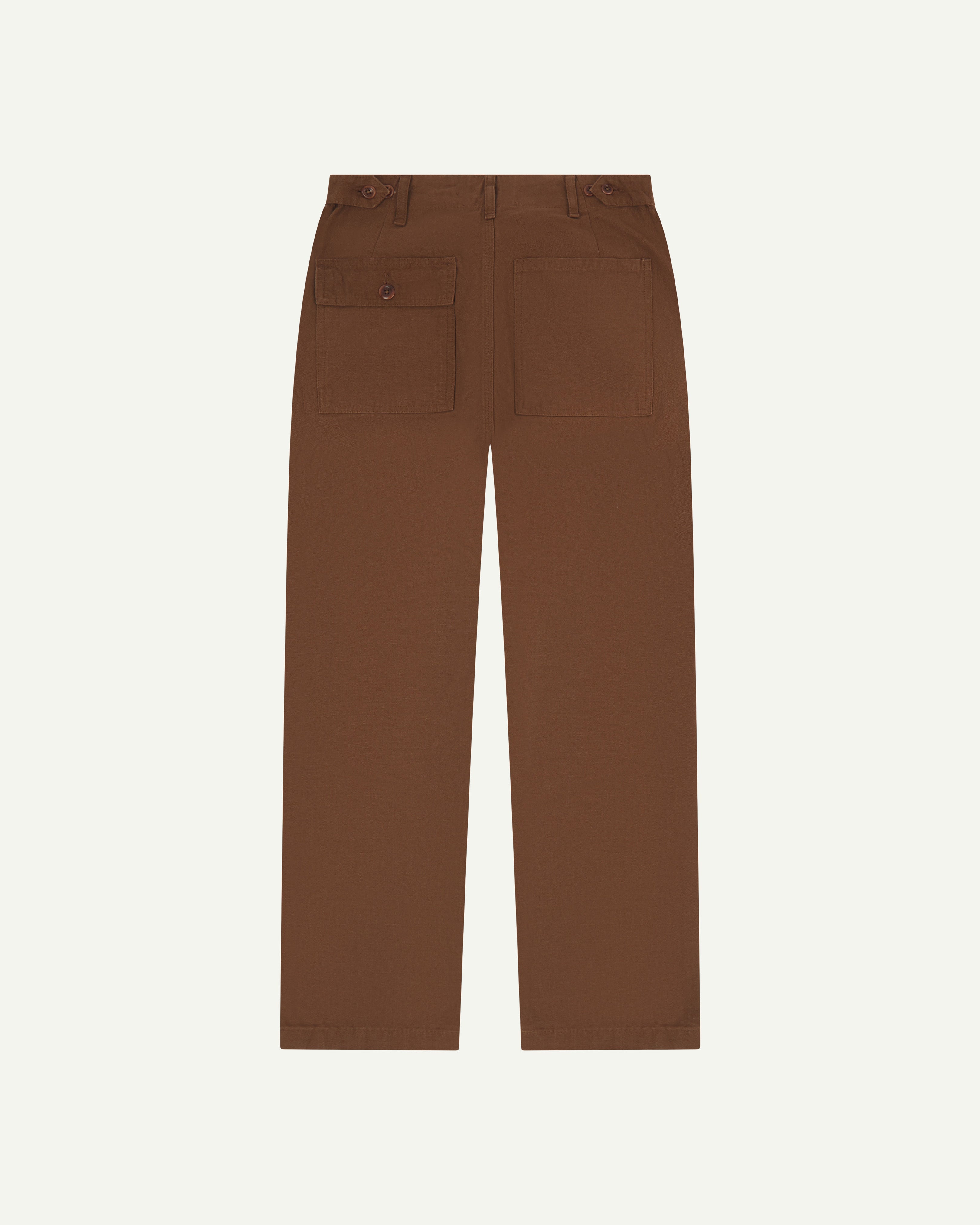 Flat view of back of #5005 Uskees men's organic cotton 'chocolate' coloured trousers on white background.
