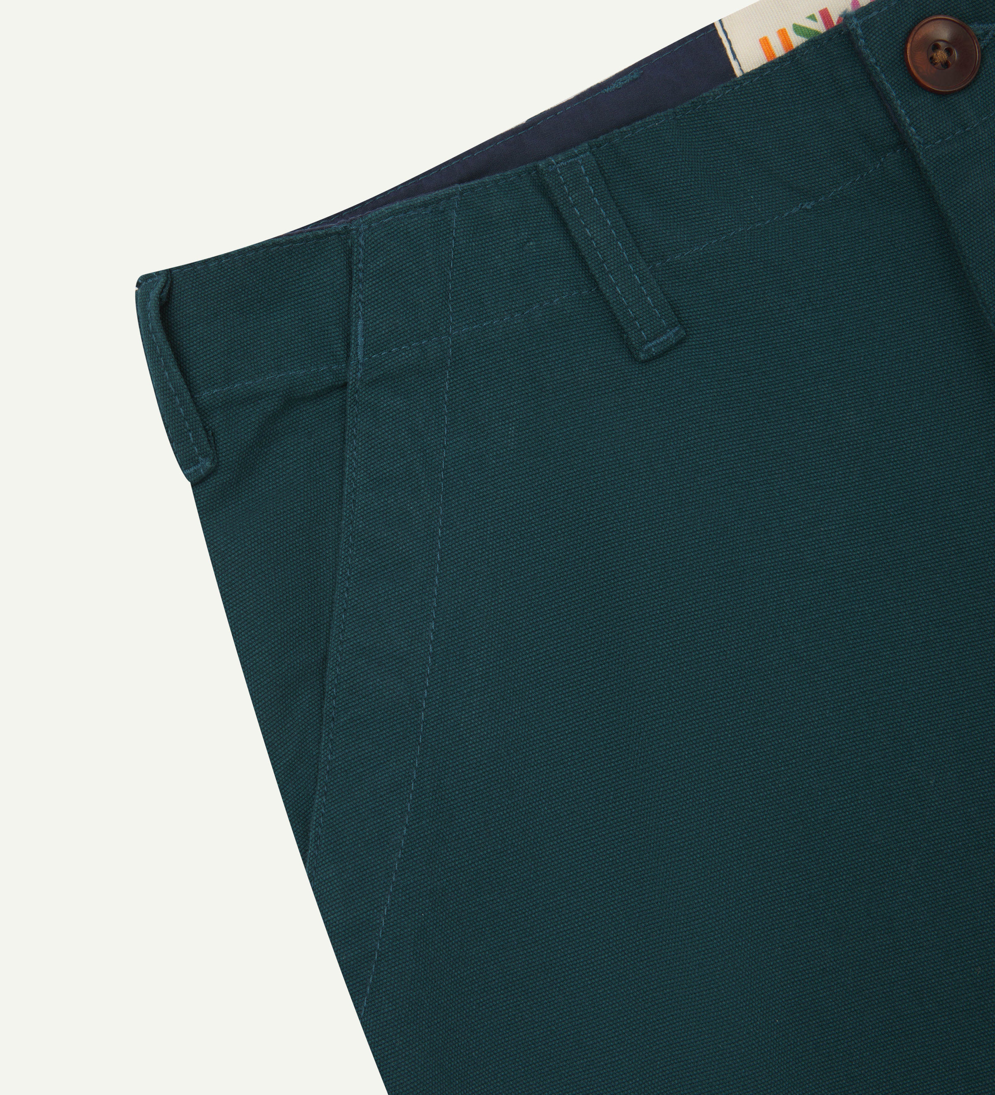 Focus on belt loops and fly area of the Uskees #5005 cargo pants in bright turquoise. View of side pockets and Uskees logo label on the inner back waist band.