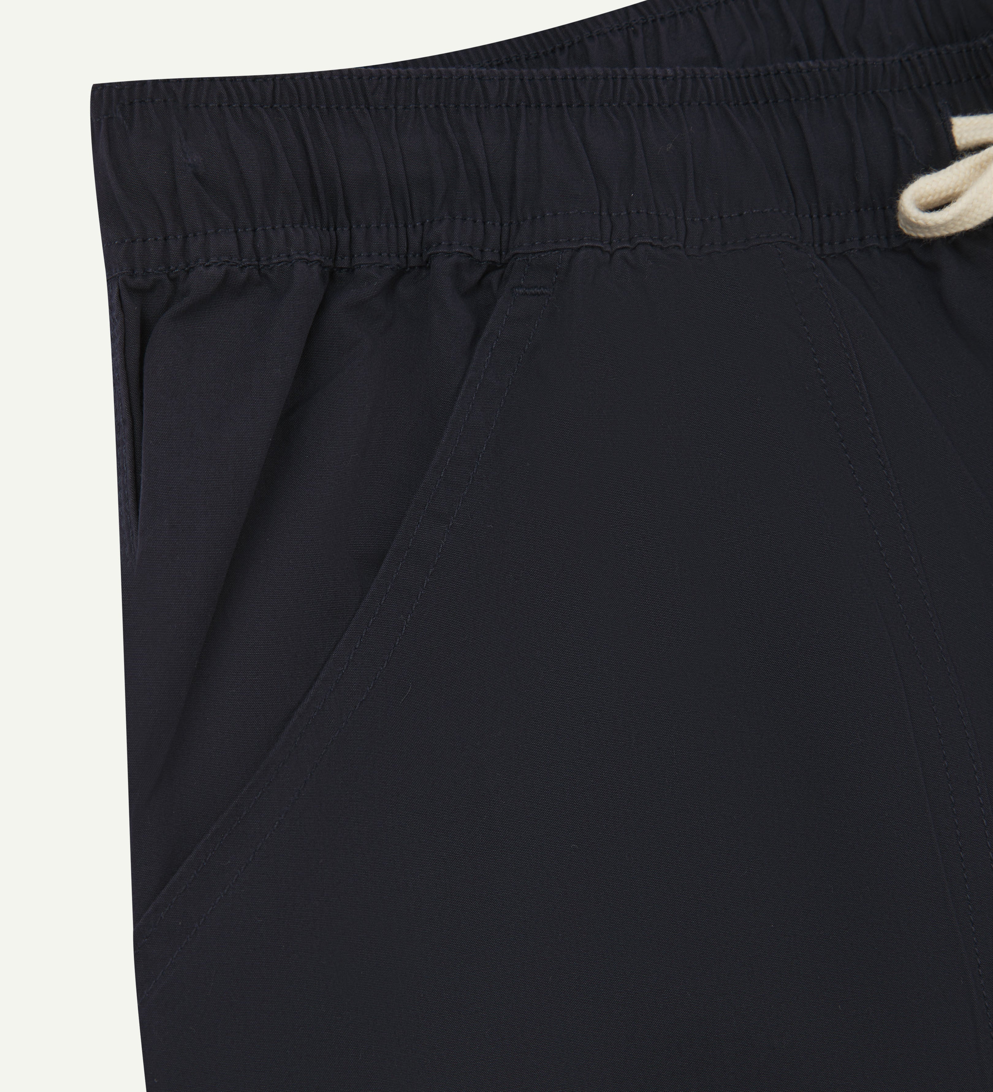  Close up detailed shot of Uskees 5020 lightweight utility pants in midnight blue showing waist and pocket detail
