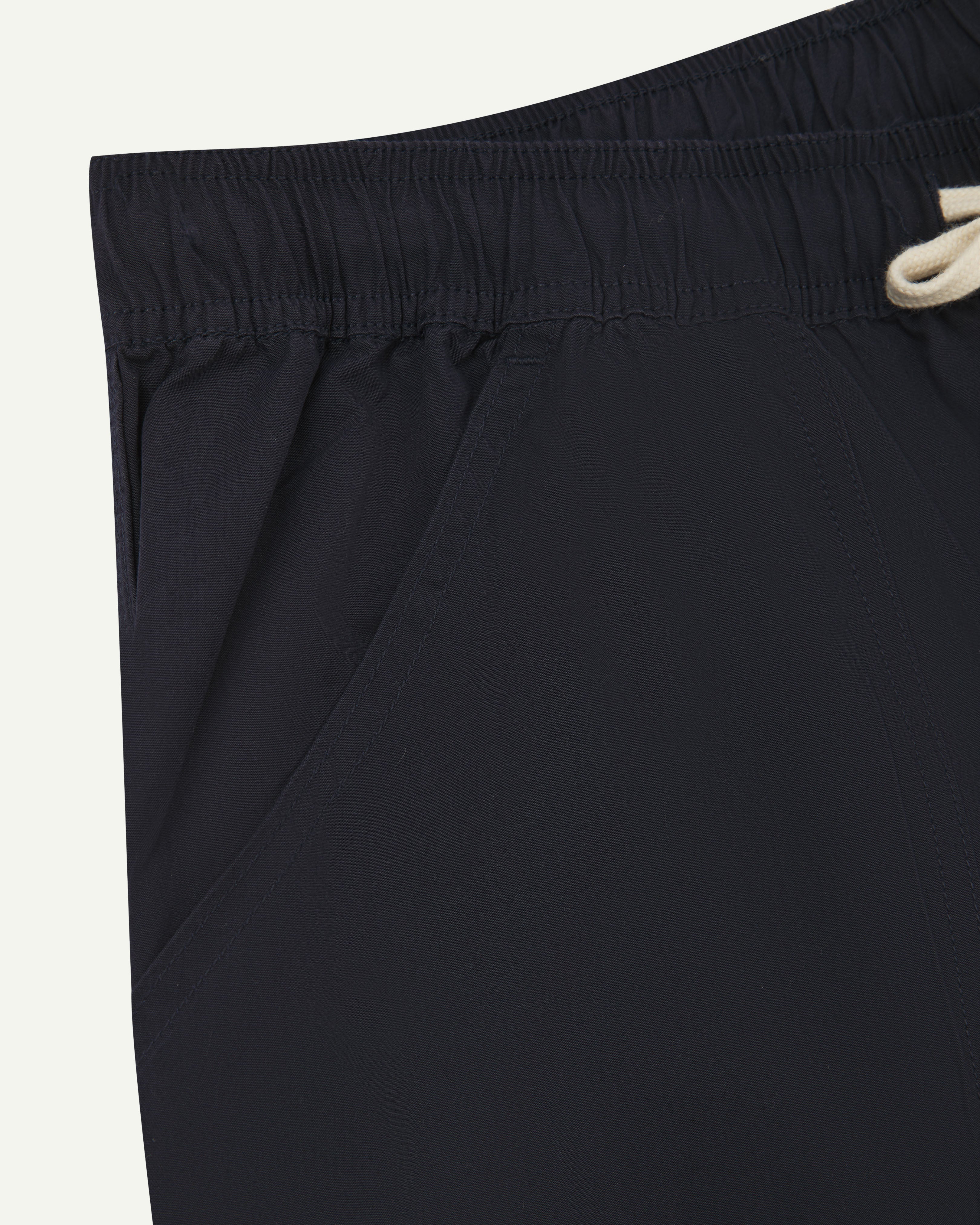  Close up detailed shot of Uskees 5020 lightweight utility pants in midnight blue showing waist and pocket detail